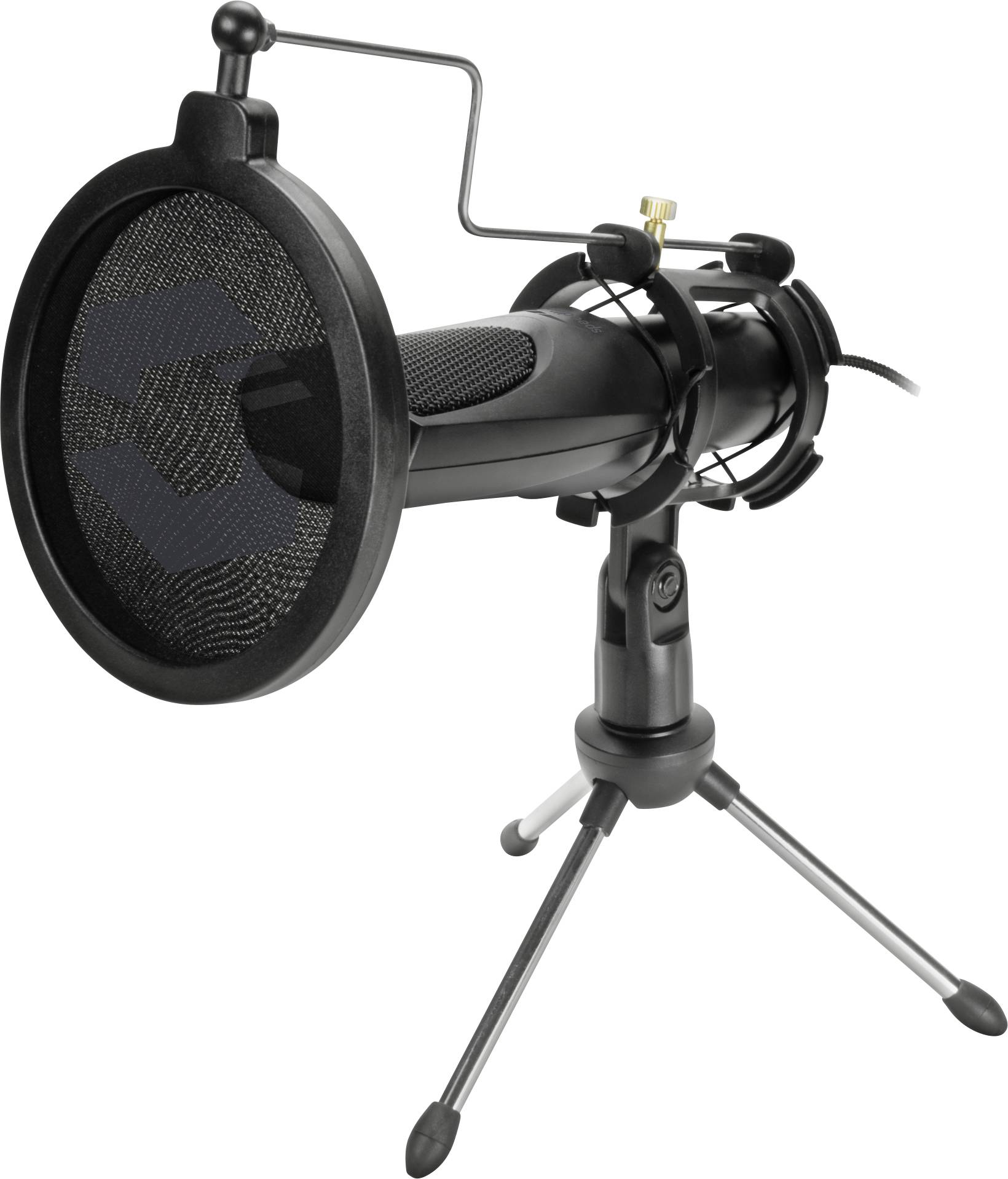 Ein schwarzes Studiomikrofon mit Popfilter und Ständer auf drei Beinen, geeignet für professionelle Audioaufnahmen oder Podcasts.