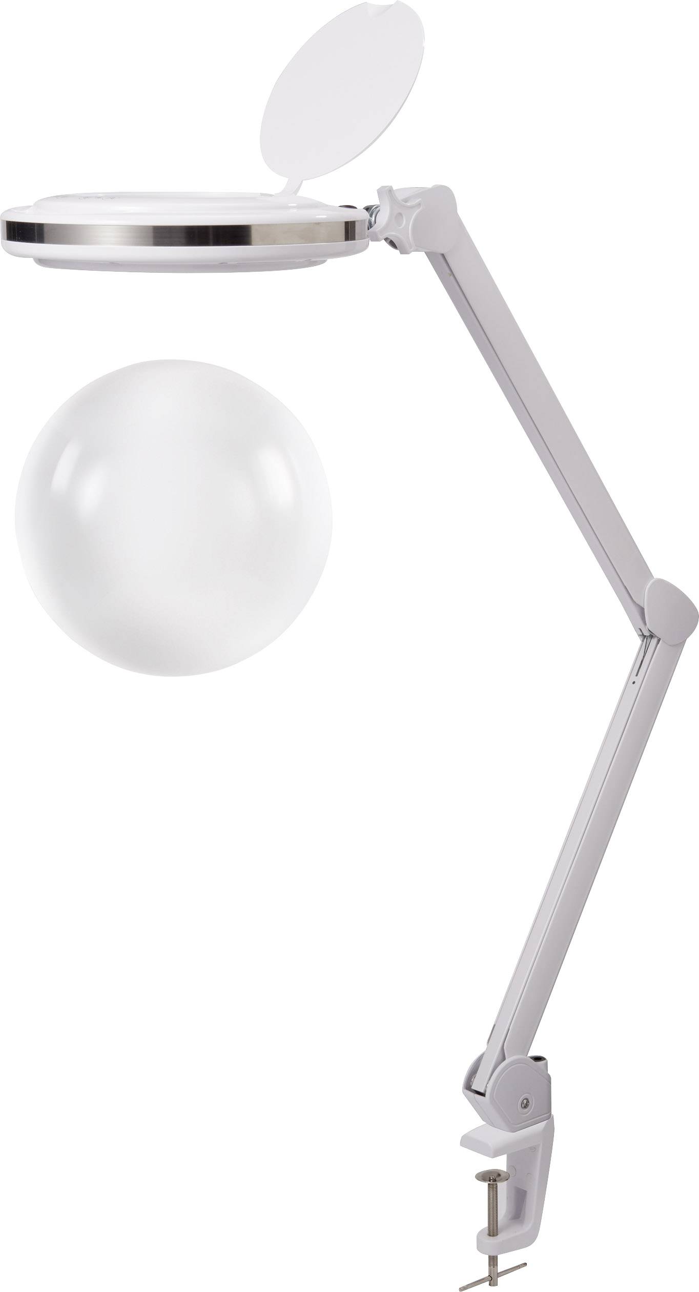 Lamp mit verstellbarem Arm und Lupe, zur Tischmontage geeignet. Ideal für detaillierte Arbeiten unter starkem Licht.