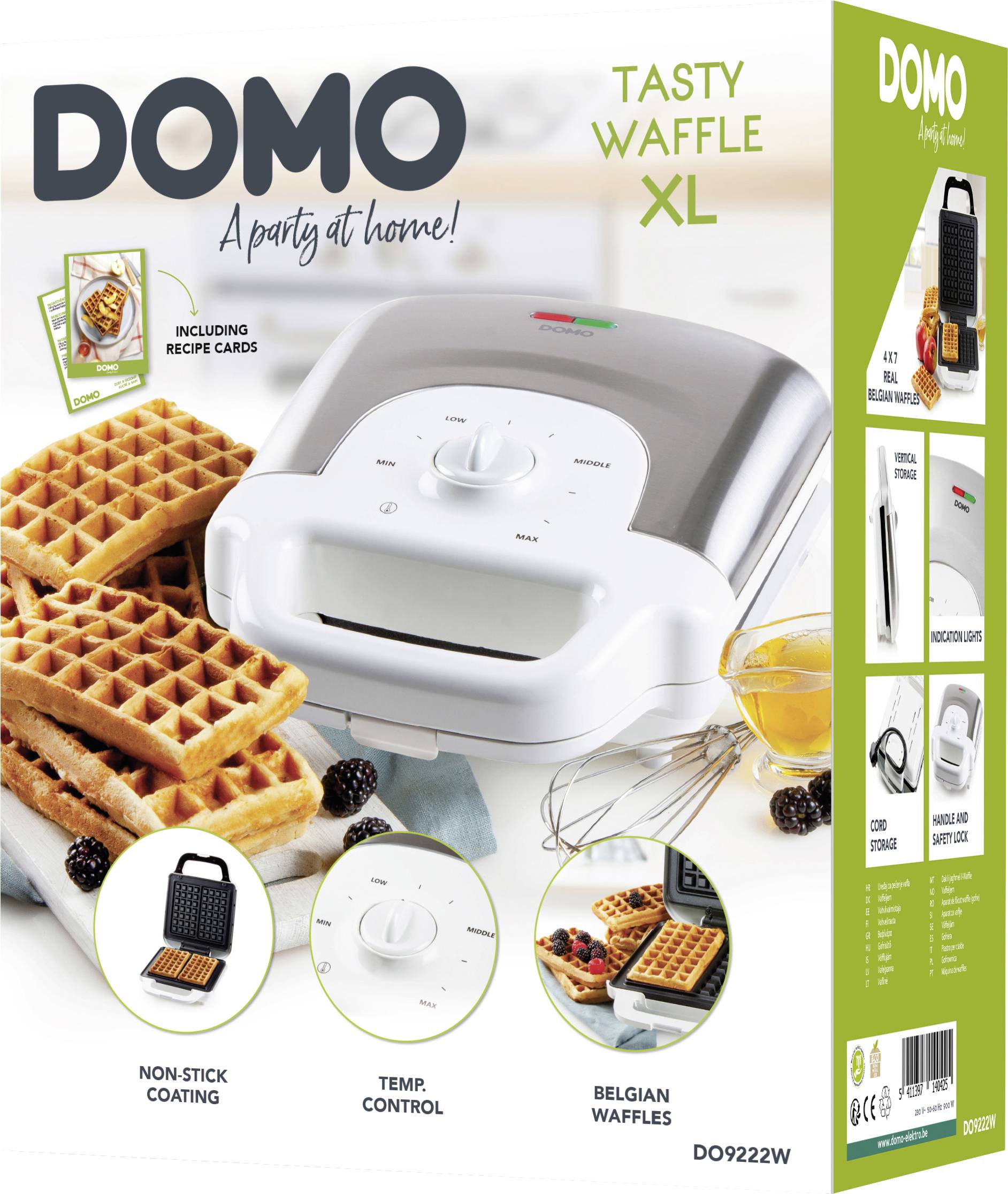 DOMO DO9222W XL Tasty Waffeleisen Kontrollleuchte, klappbar, Antihaftbeschichtung Weiß