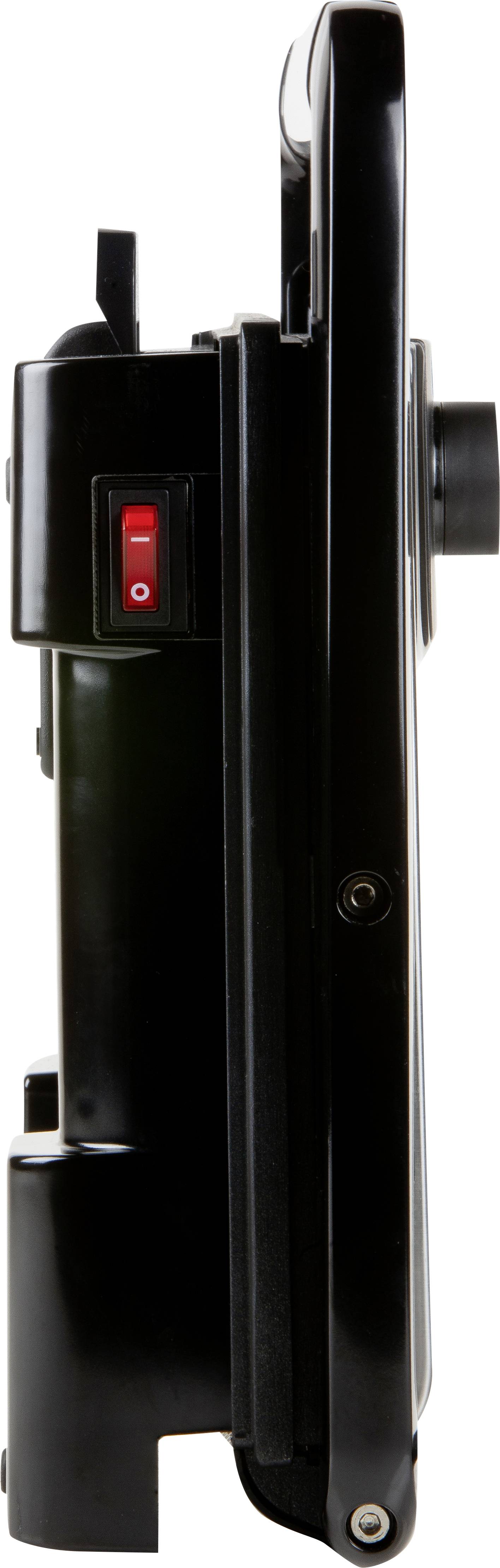 'Schwarzer Sandwich-Maker' seitliche Ansicht mit rotem Ein-/Ausschalter.