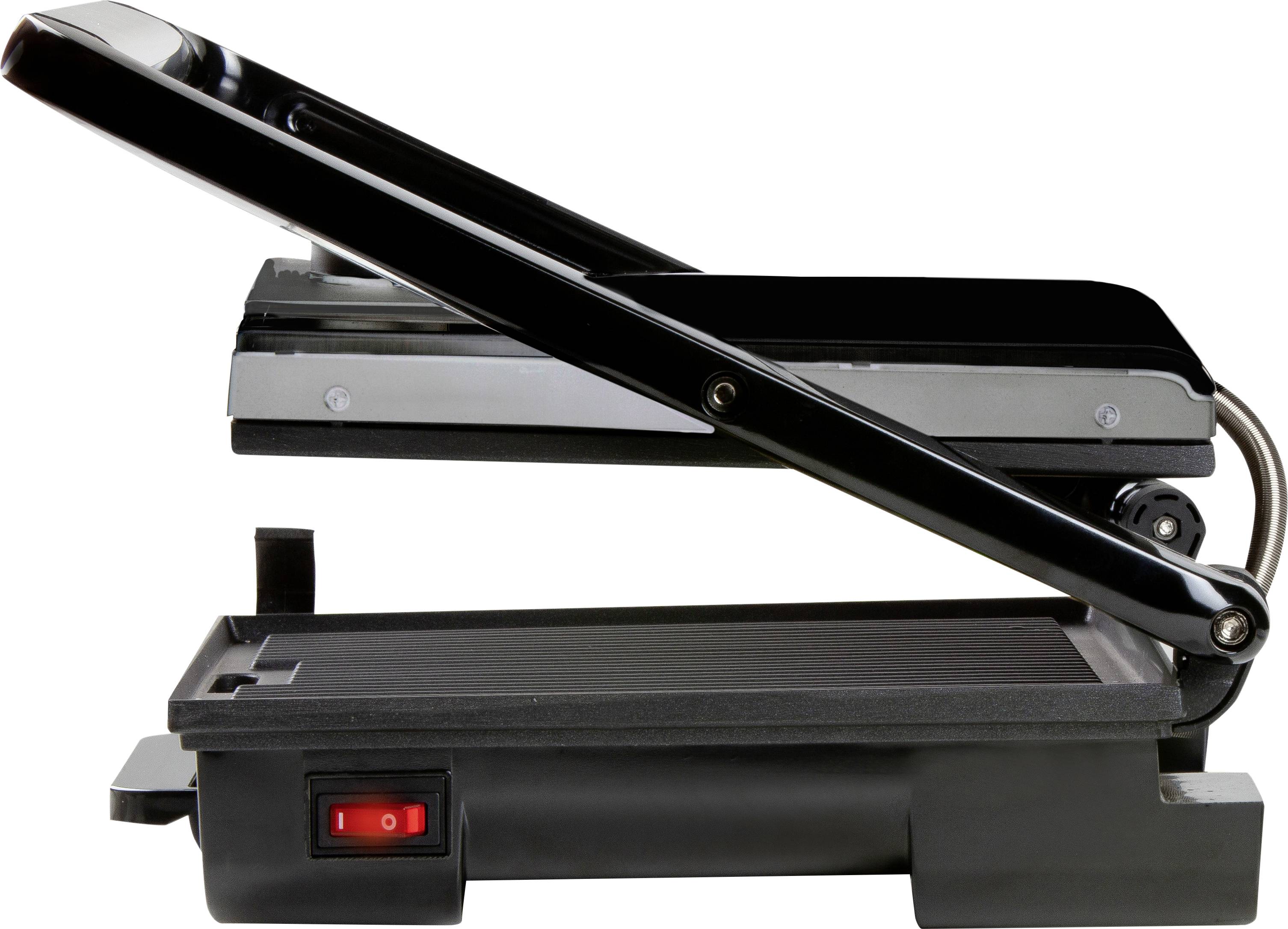 Ein Panini-Grill mit offenem Deckel. Ein roter Schalter an der Vorderseite signalisiert die Stromversorgung.