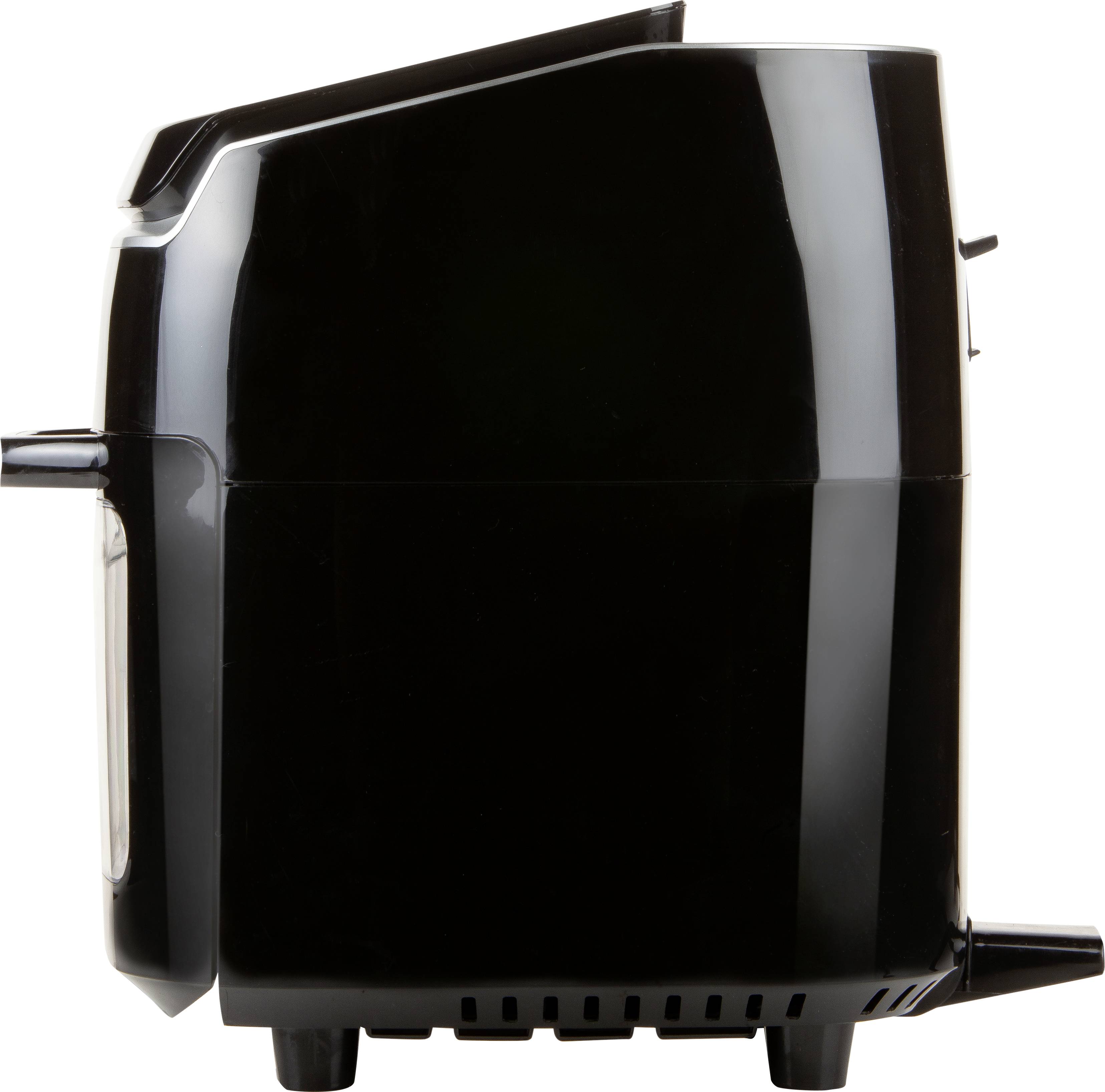 Schwarzer Toaster von der Seite, mit schlankem Design und minimalen Bedienelementen.