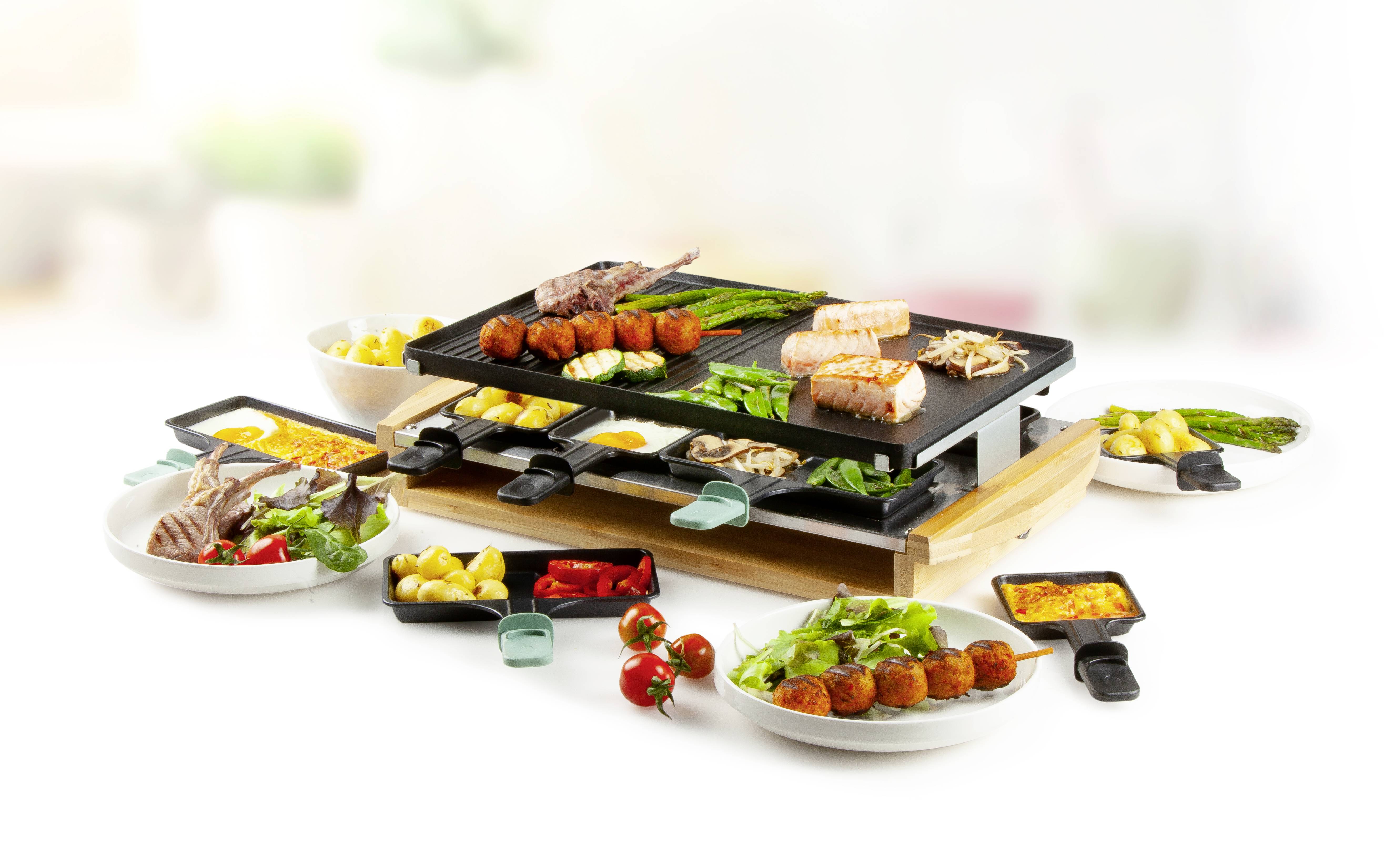 DOMO DO9246G Raclette 8 Pfännchen, Antihaftbeschichtung, Kontrollleuchte Schwarz, Holz