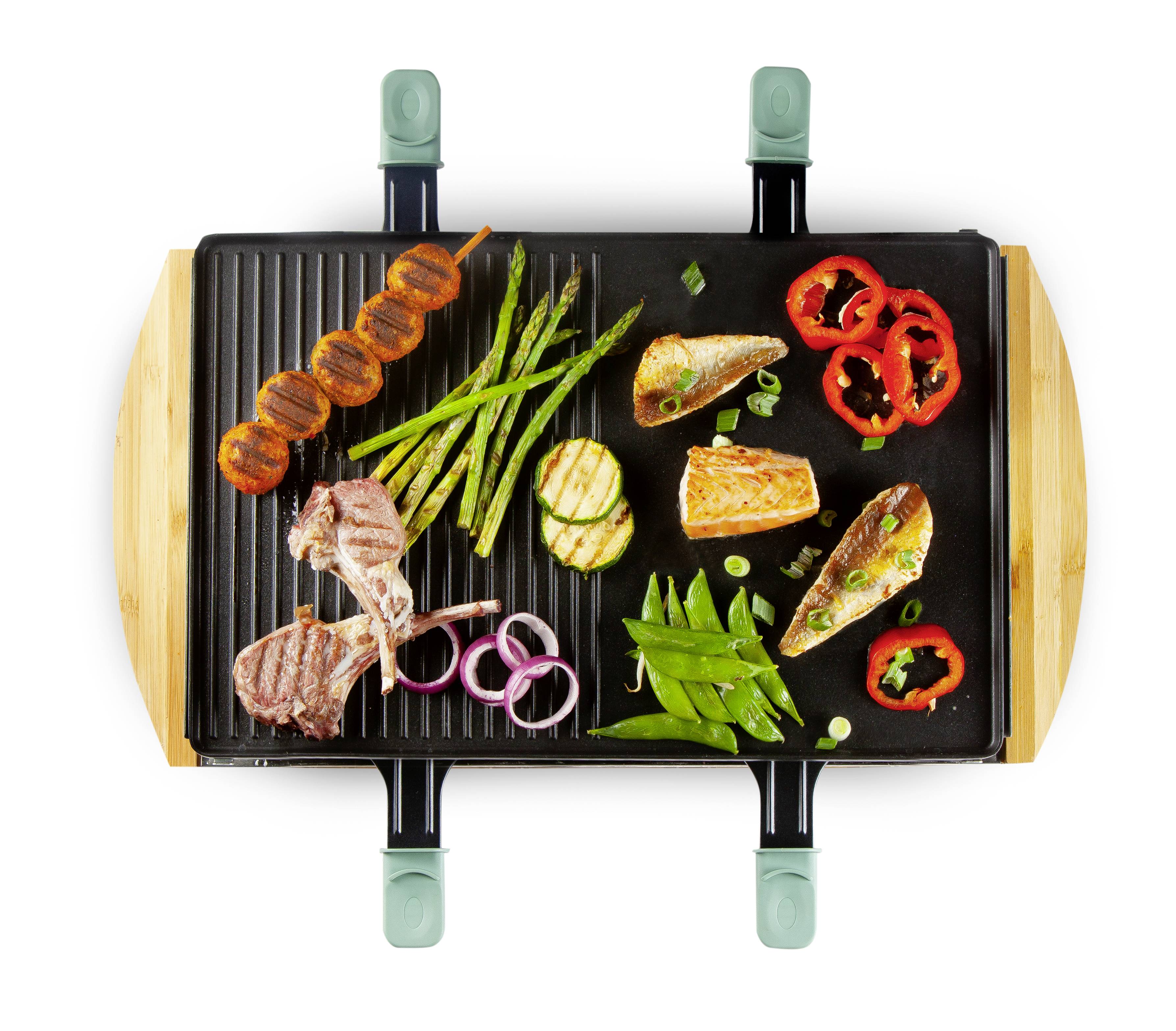 DOMO DO9246G Raclette 8Pfännchen, Antihaftbeschichtung, Kontrollleuchte Schwarz, Holz