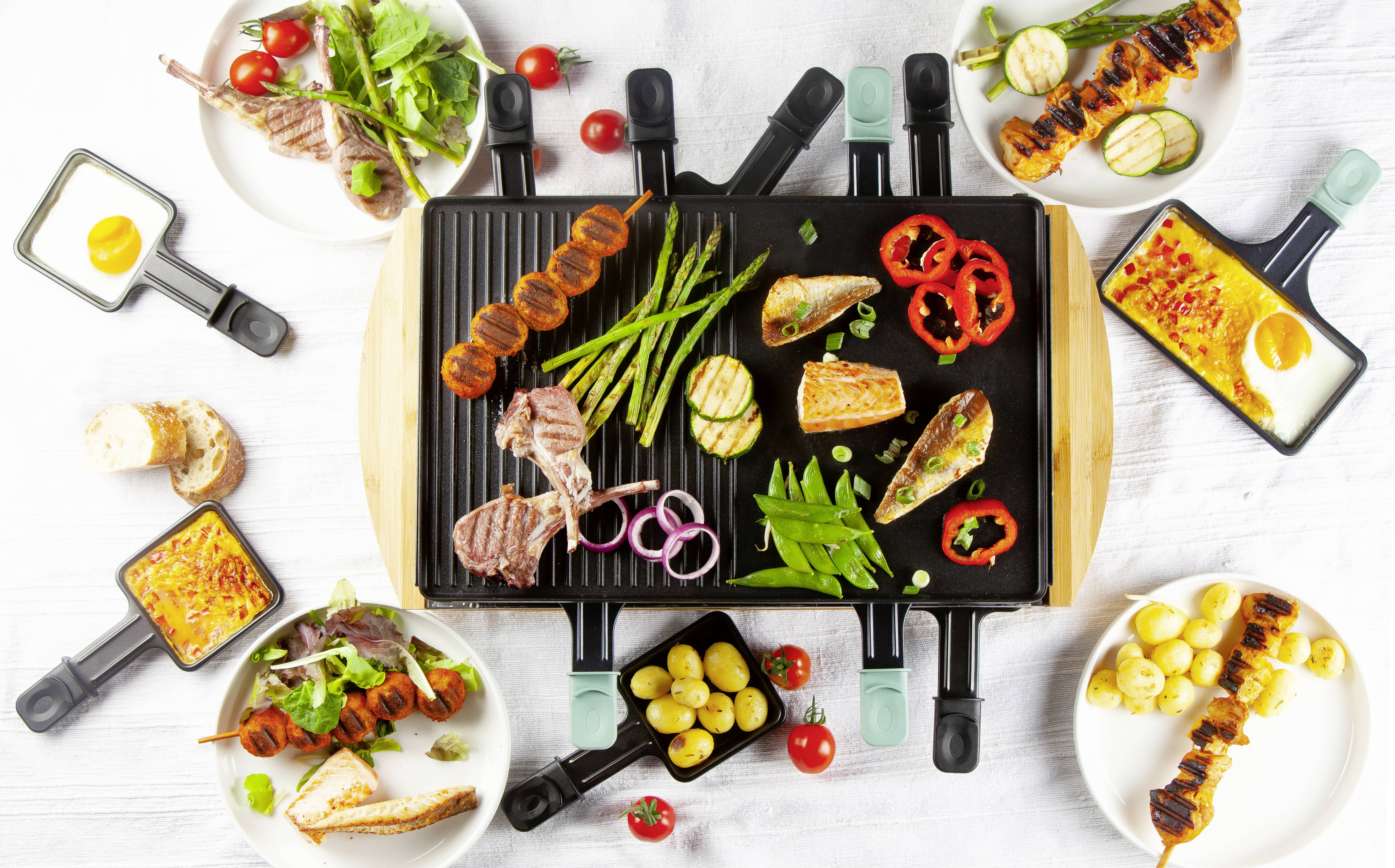 DOMO DO9246G Raclette 8 Pfännchen, Antihaftbeschichtung, Kontrollleuchte Schwarz, Holz