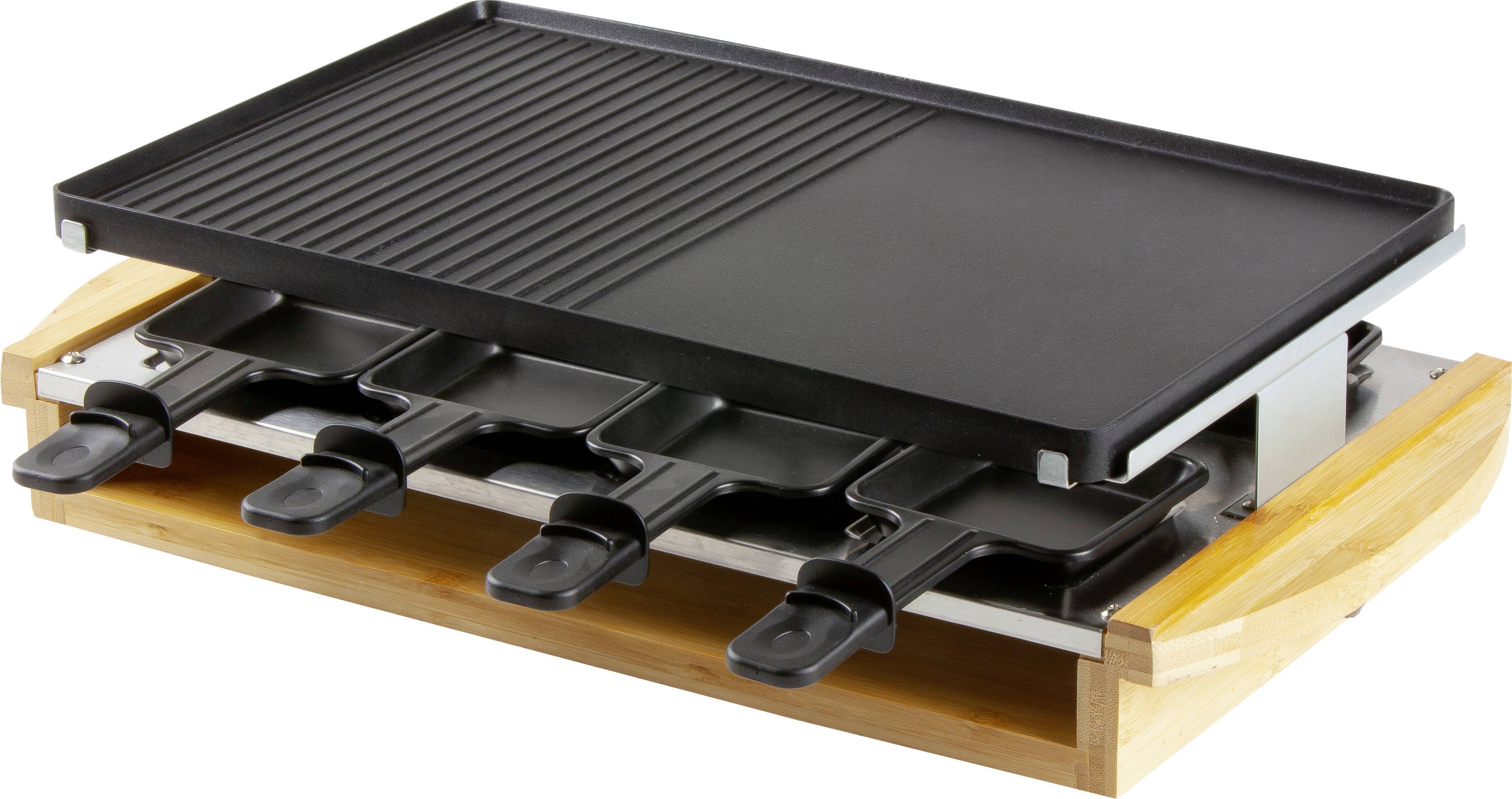 DOMO DO9246G Raclette 8Pfännchen, Antihaftbeschichtung, Kontrollleuchte Schwarz, Holz