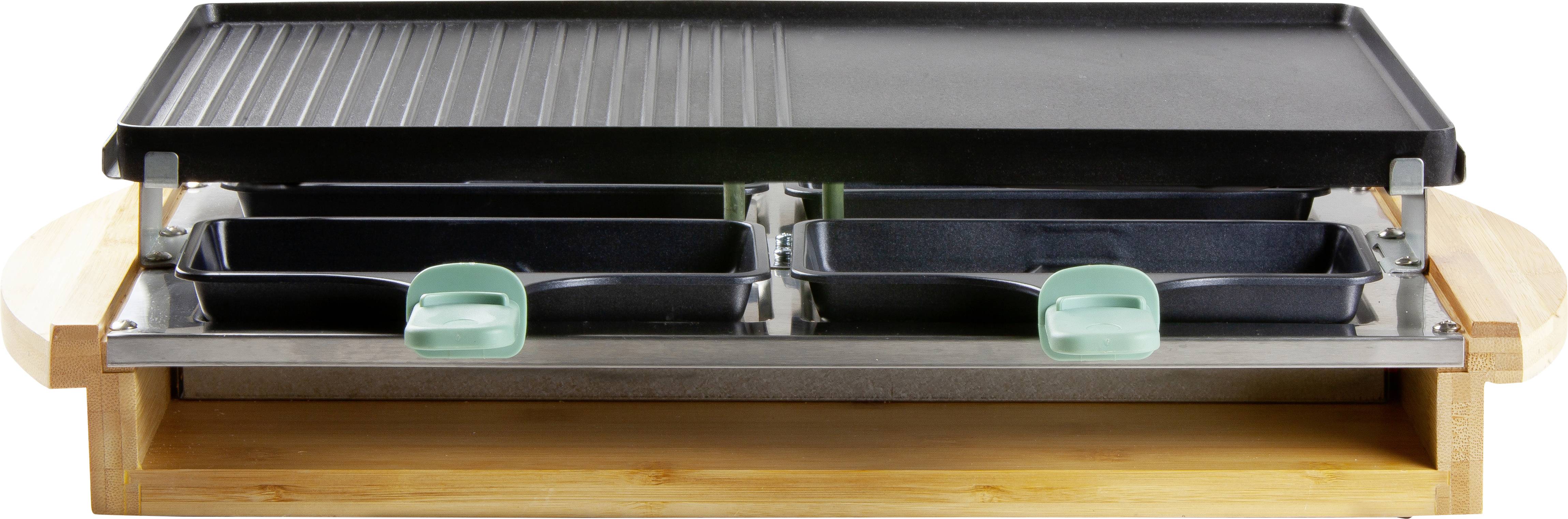 DOMO DO9246G Raclette 8 Pfännchen, Antihaftbeschichtung, Kontrollleuchte Schwarz, Holz