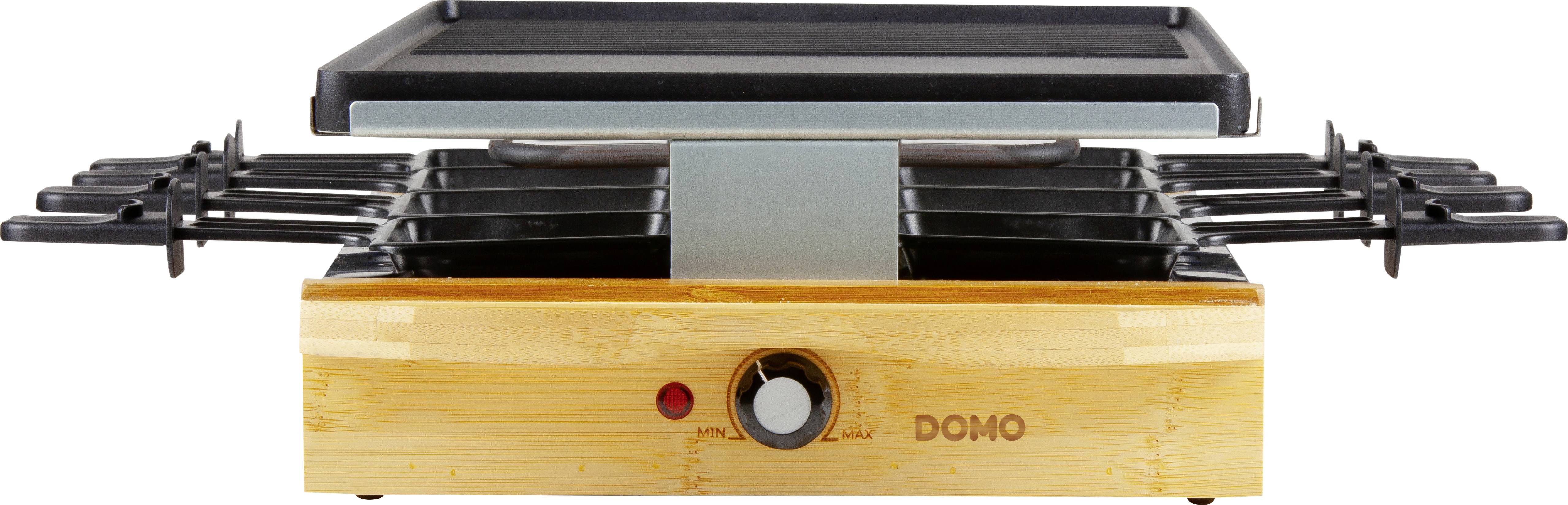 DOMO DO9246G Raclette 8Pfännchen, Antihaftbeschichtung, Kontrollleuchte Schwarz, Holz