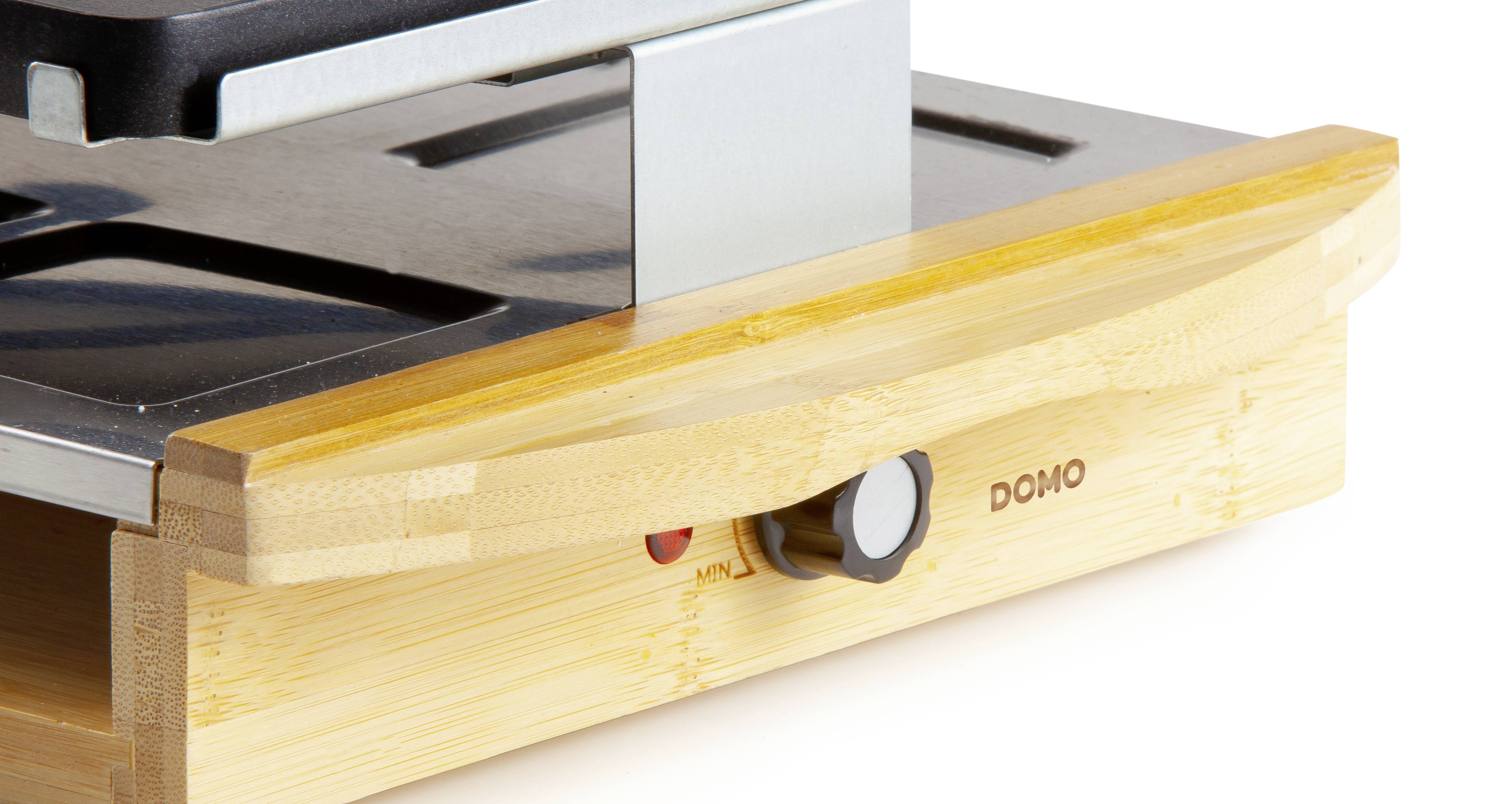 DOMO DO9246G Raclette 8 Pfännchen, Antihaftbeschichtung, Kontrollleuchte Schwarz, Holz