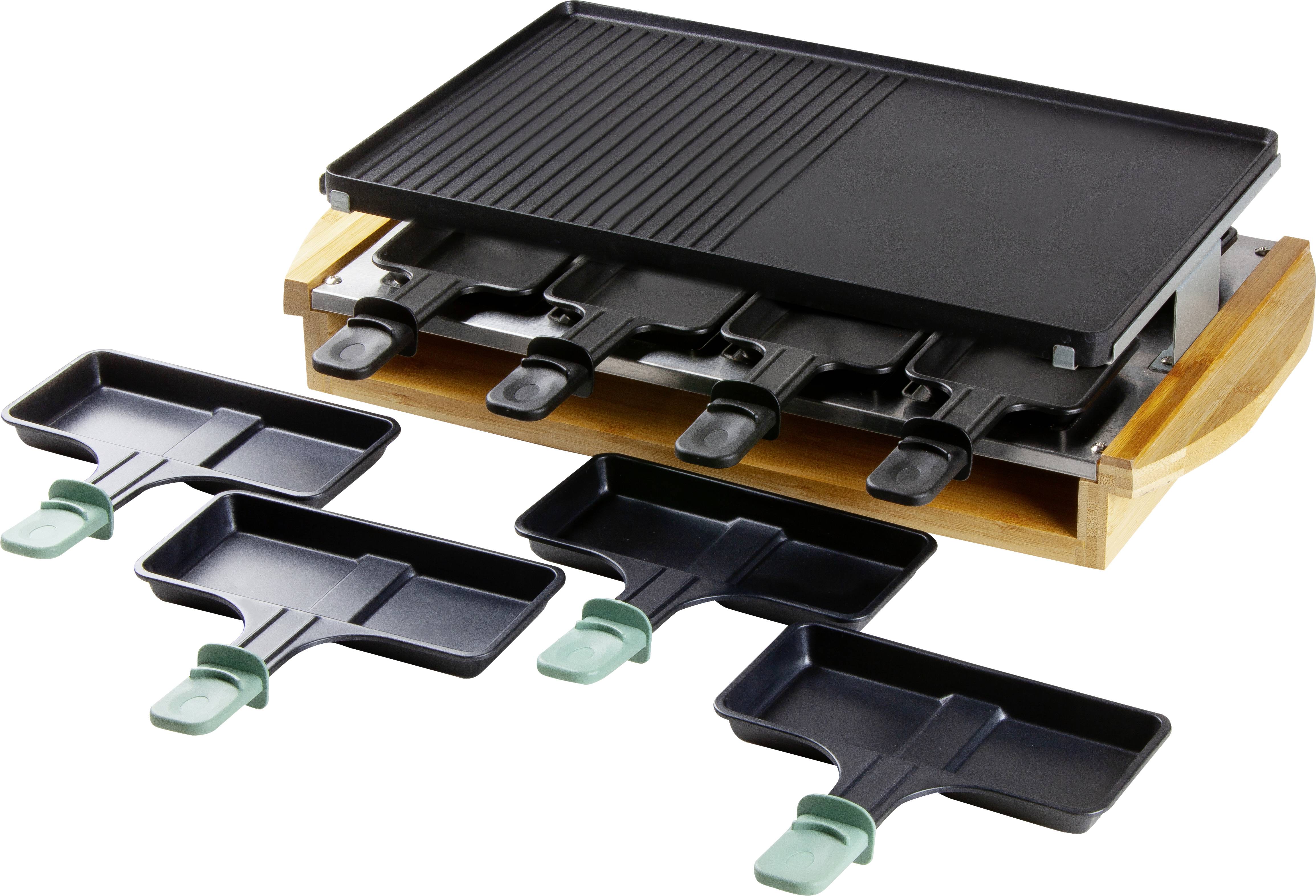 DOMO DO9246G Raclette 8Pfännchen, Antihaftbeschichtung, Kontrollleuchte Schwarz, Holz