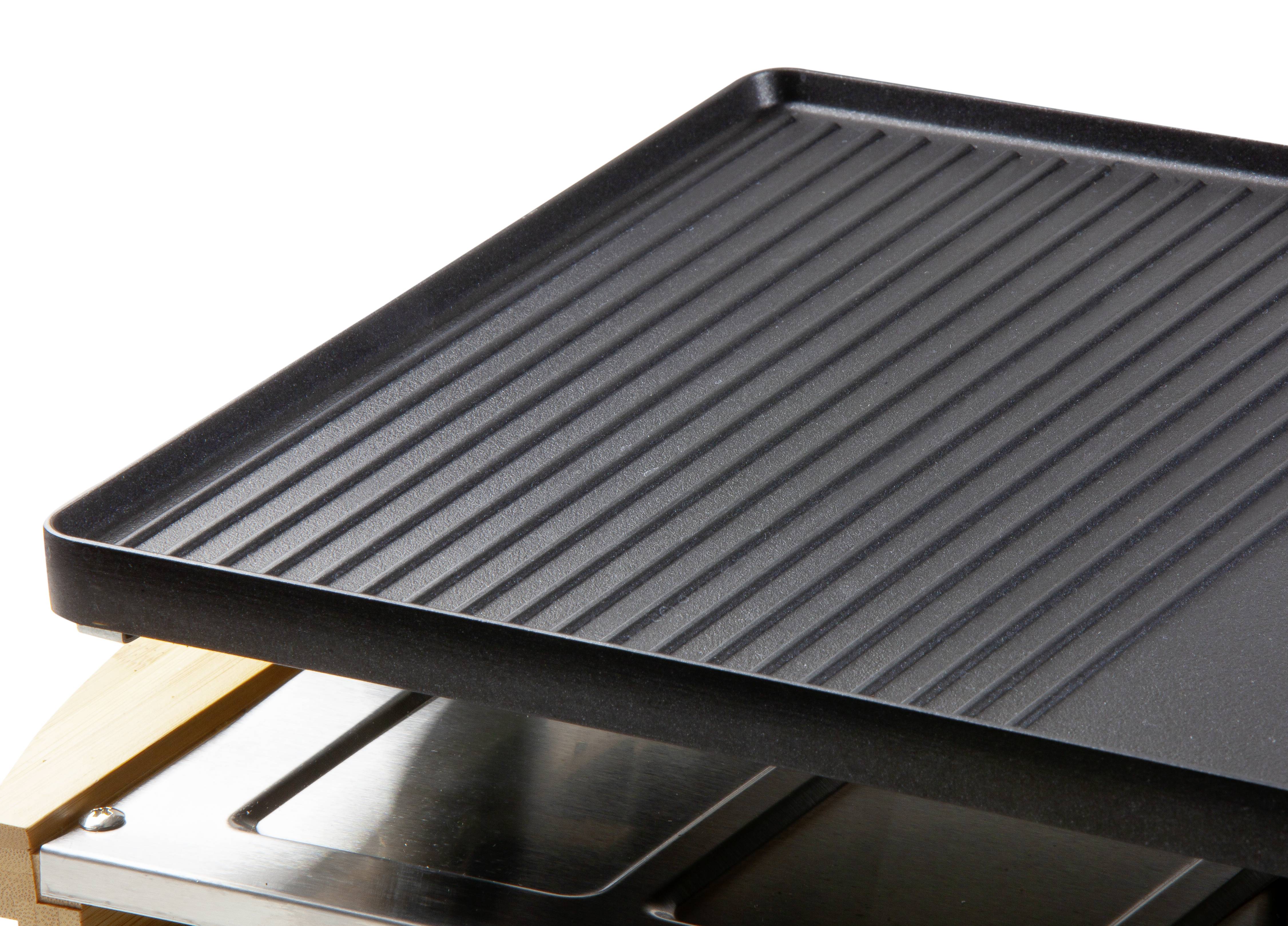 DOMO DO9246G Raclette 8 Pfännchen, Antihaftbeschichtung, Kontrollleuchte Schwarz, Holz