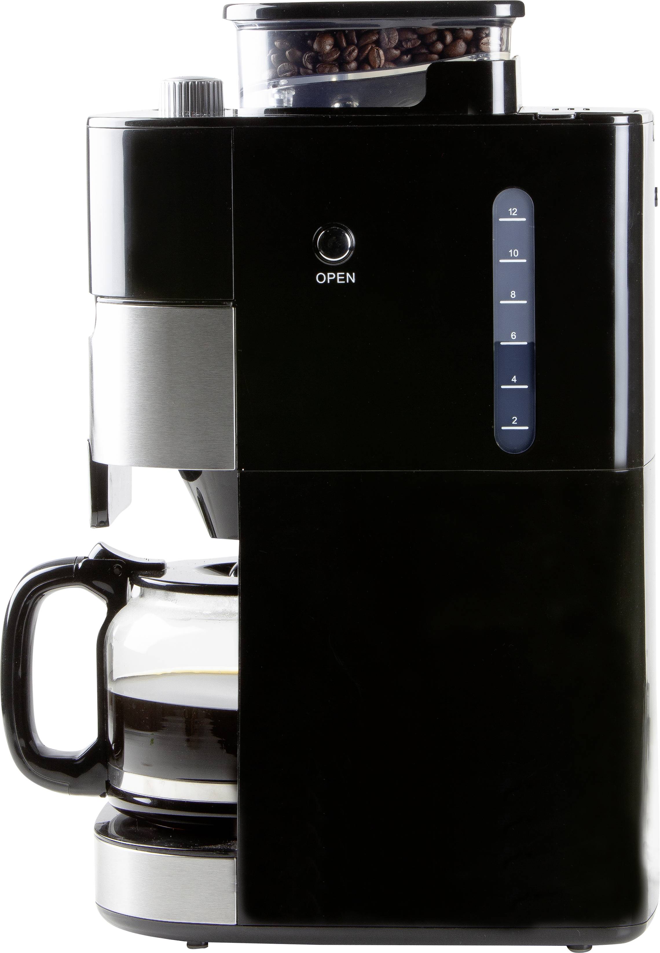 Eine schwarze Kaffeemaschine mit integriertem Bohnenbehälter und Kanne, seitlich abgebildet.