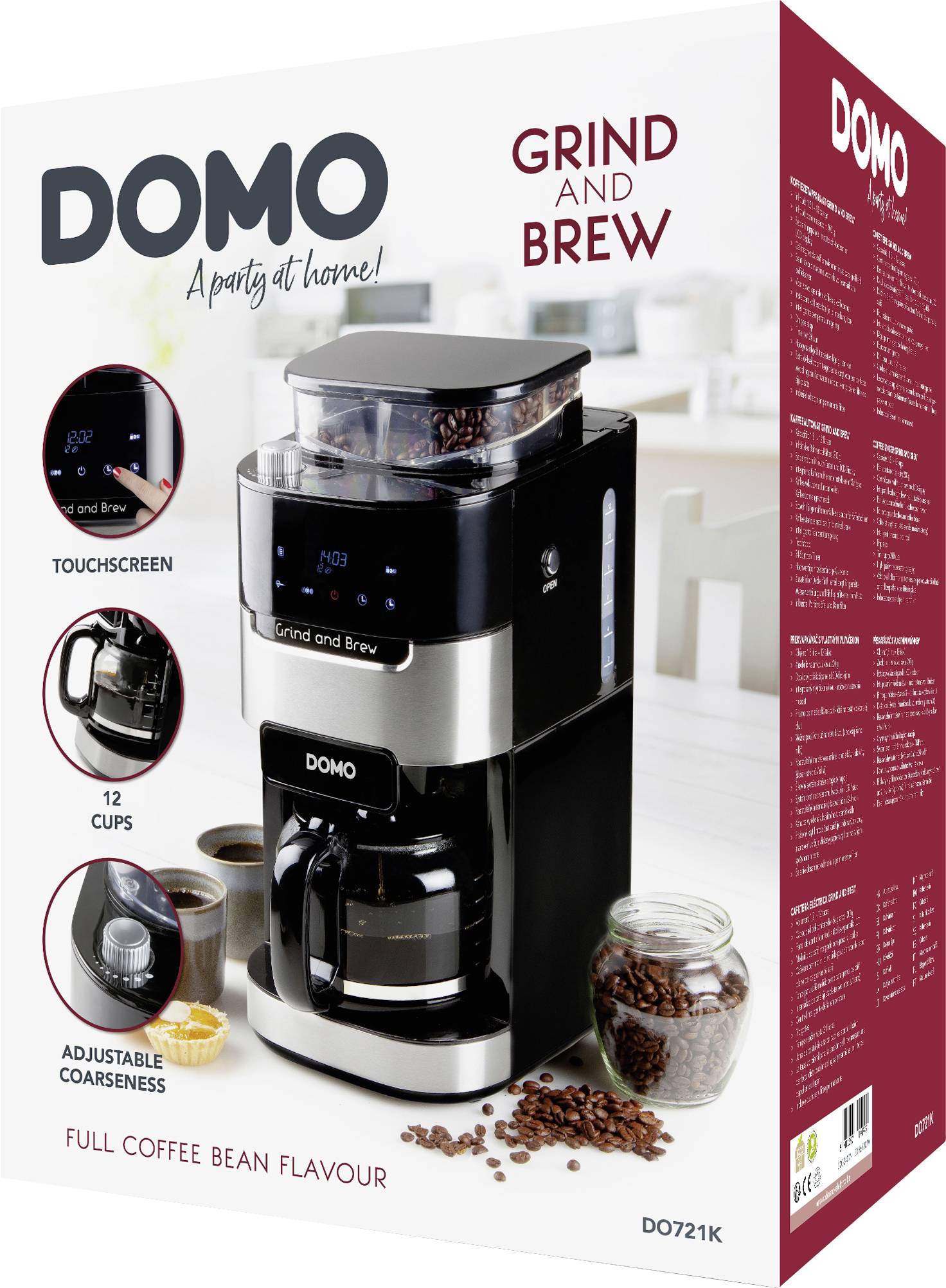 Kaffeemaschine mit Touchscreen-Bedienfeld. Produziert 12 Tassen von frisch gemahlenen Bohnen. Aufschriften: 'Grind and Brew' und 'DOMO'.