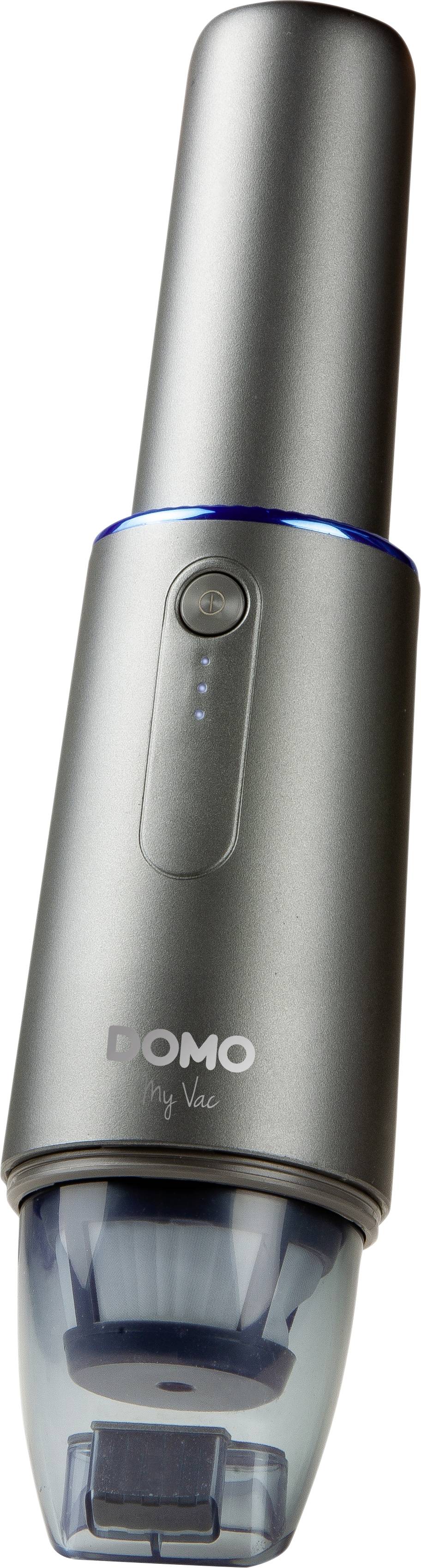 Tragbarer grauer Handstaubsauger mit blauem Licht und Displayanzeige für Batteriestatus. Marke 'DOMO'.