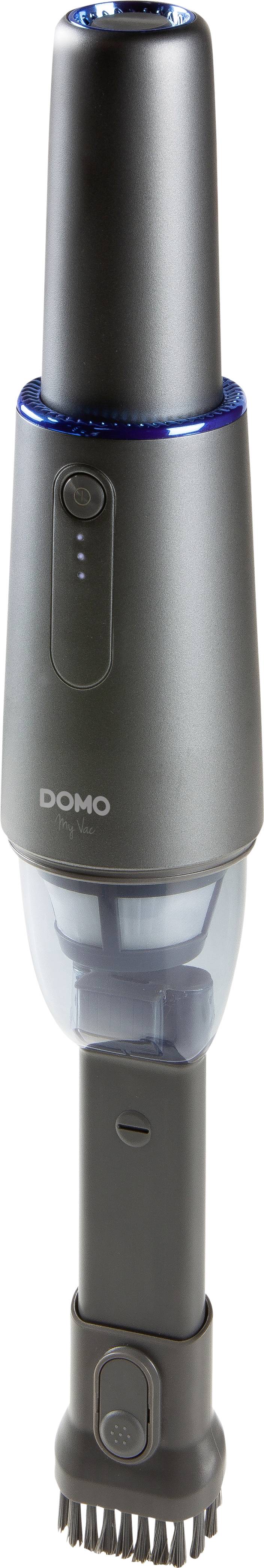Handstaubsauger in modernem, schlankem Design mit grauer und blauer Farbgebung und Bürstenaufsatz.