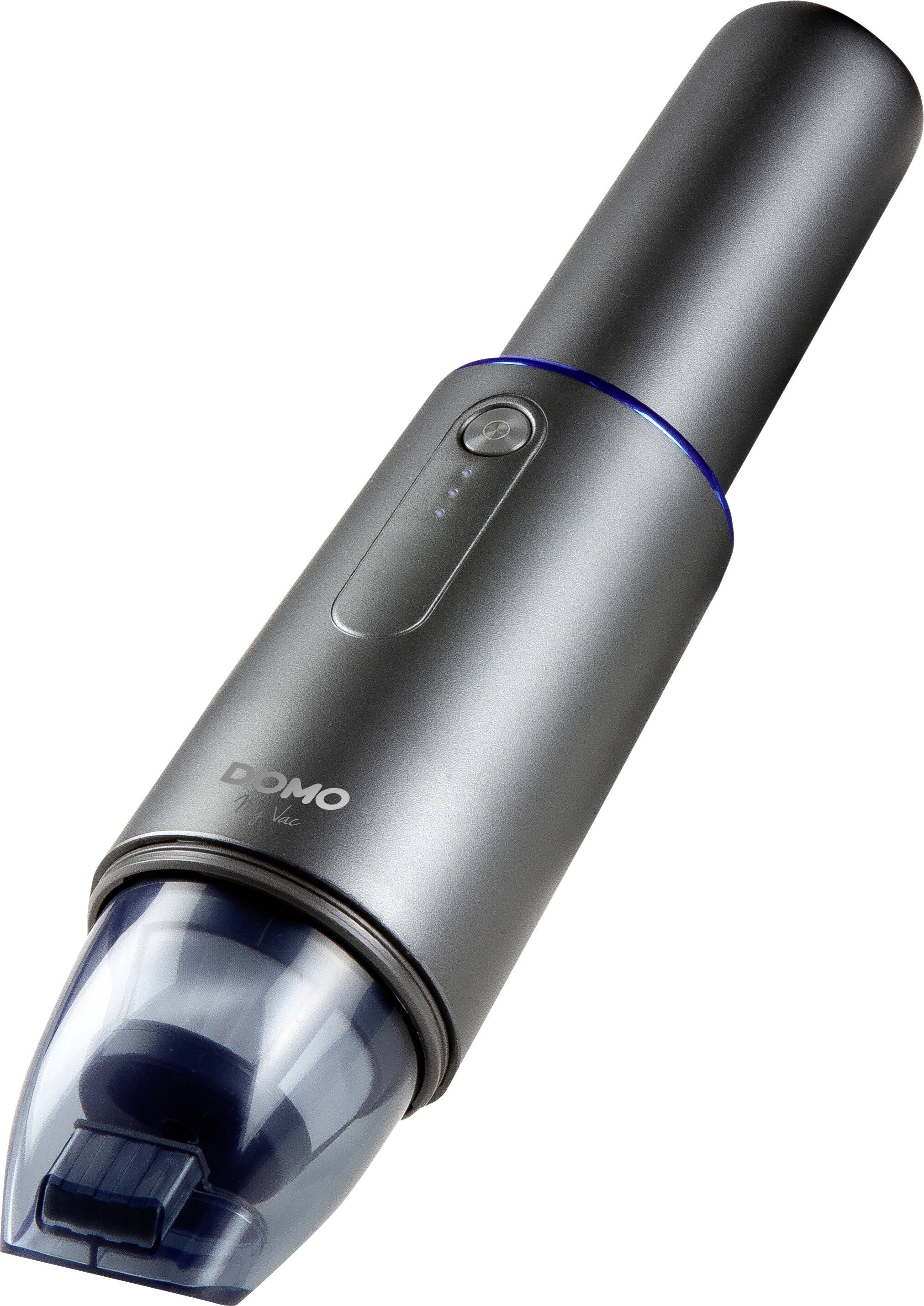 Ein kabelloser Handstaubsauger in modernem Design, hauptsächlich in Silber mit transparentem blauen Staubbehälter, für kleine Reinigungsarbeiten.