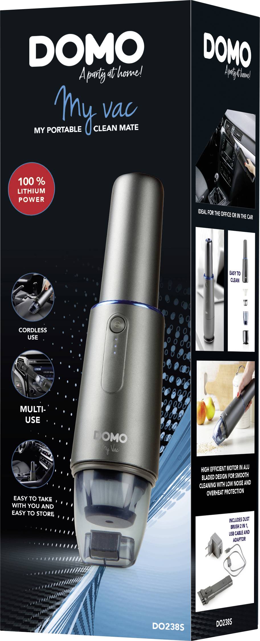 Tragbarer Handstaubsauger 'My vac' von DOMO mit 100% Lithium-Power. Ideal für Auto und Zuhause. Kabellos, vielseitig einsetzbar.