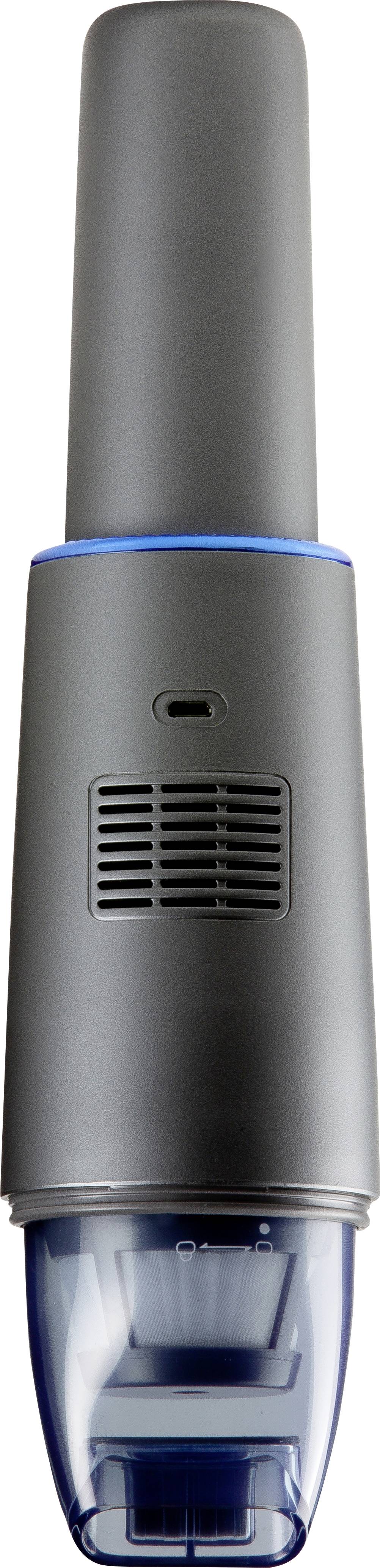 Kleiner, grauer, tragbarer Staubsauger mit blauem Ring und transparentem Schmutzbehälter, geeignet für Reinigung enger Stellen.
