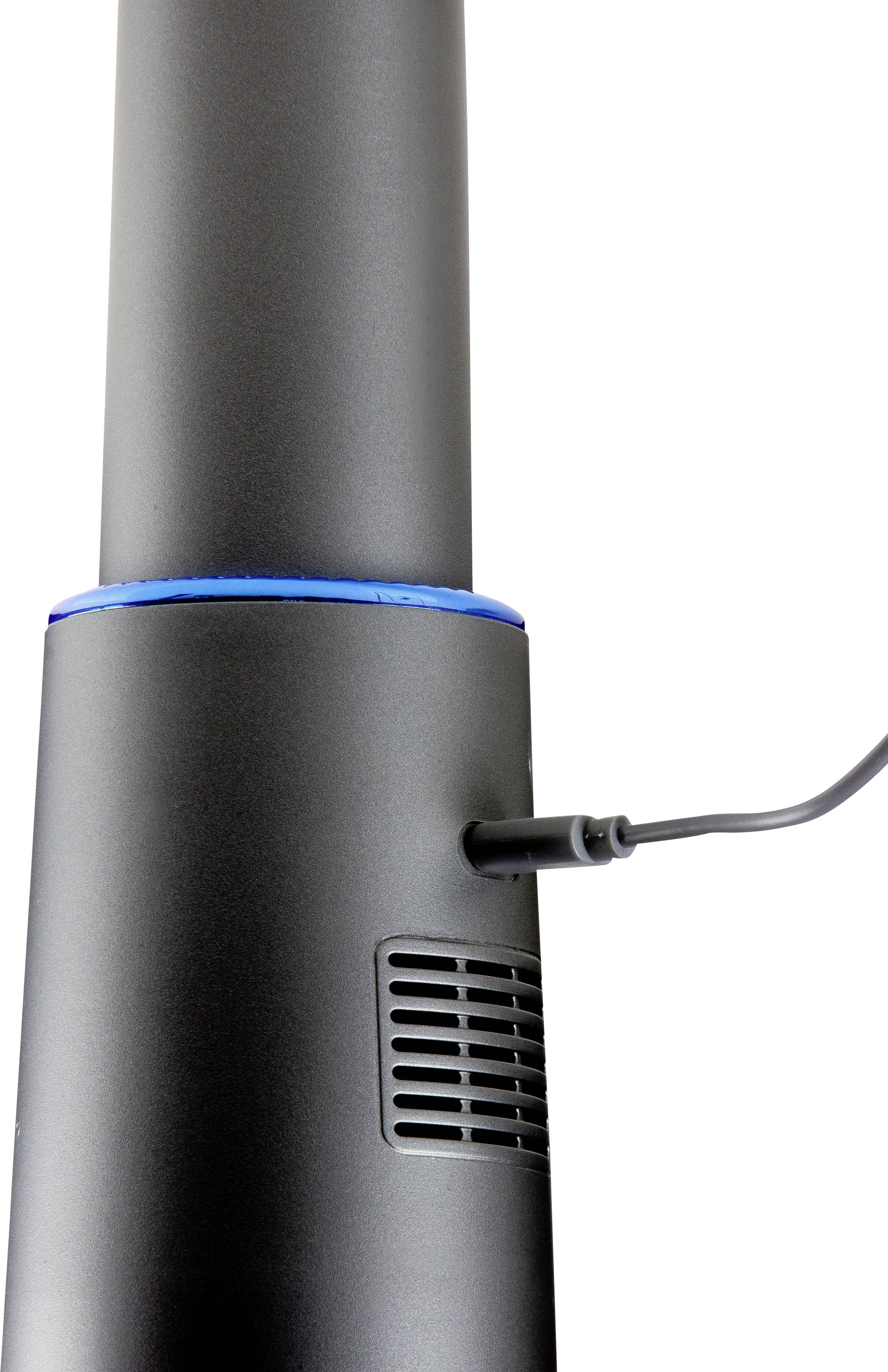 Gerät mit zylindrischem Gehäuse, blauer LED-Leiste in der Mitte und Kabelanschluss an der Seite.