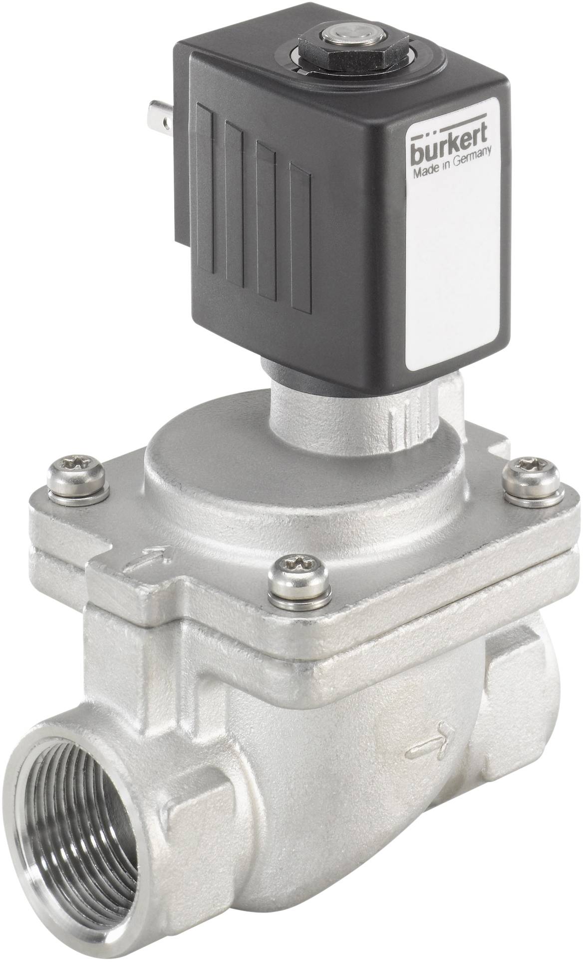 Silbernes Magnetventil aus Metall mit schwarzem Aktuator und einem Etikett 'burkert Made in Germany'. Geeignet zur Steuerung von Flüssigkeits- oder Gasflüssen.