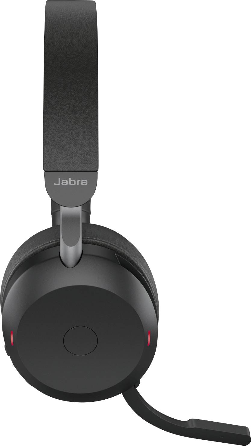 Schwarzes Jabra-Headset mit Mikrofonarm, von der Seite gesehen. Eignet sich für Telefonkonferenzen und Musik.