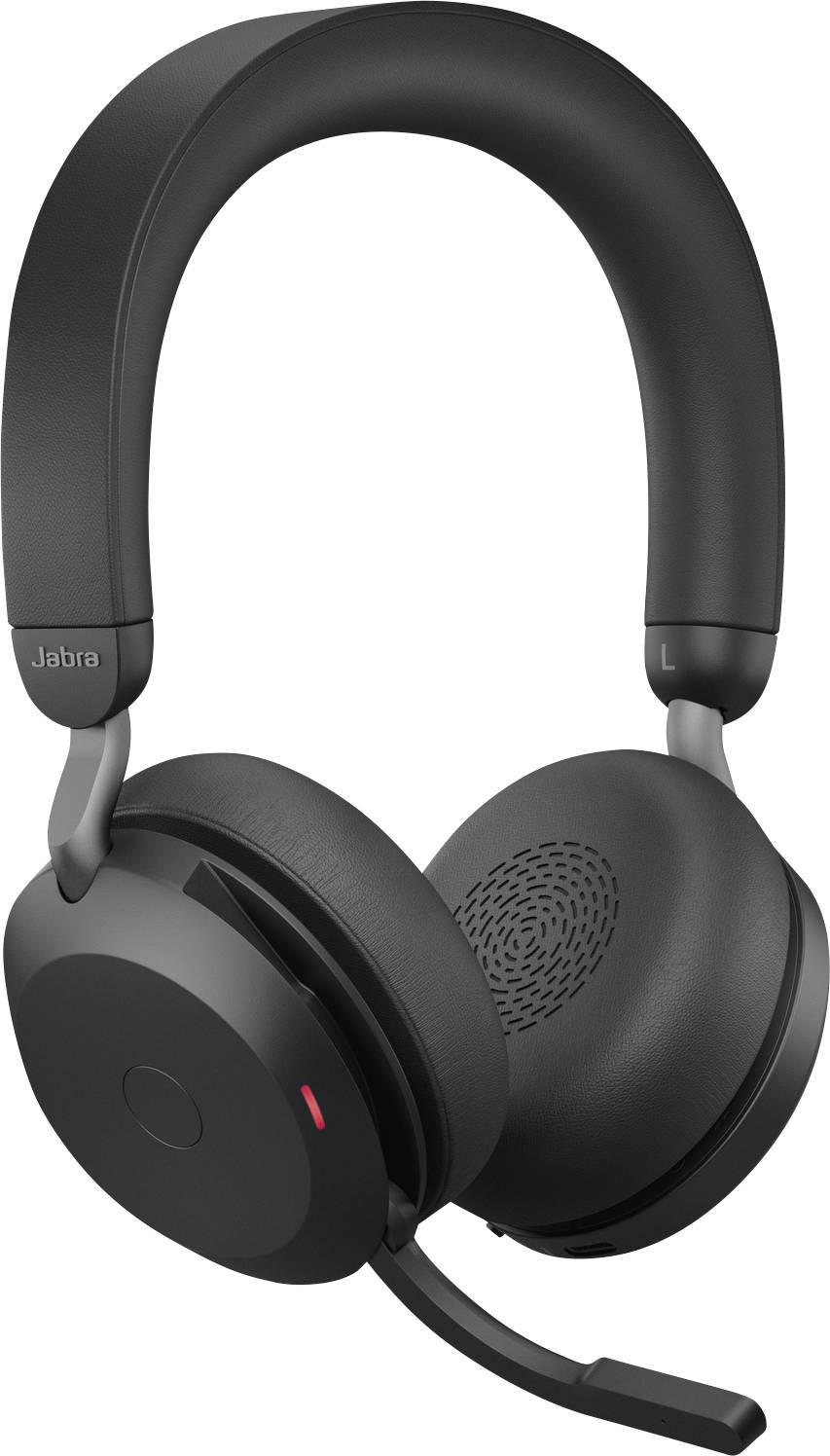 Kabelloses schwarzes Headset mit ovalen Ohrpolstern und integriertem Mikrofonarm. Markiert mit 'Jabra' auf der linken Seite.
