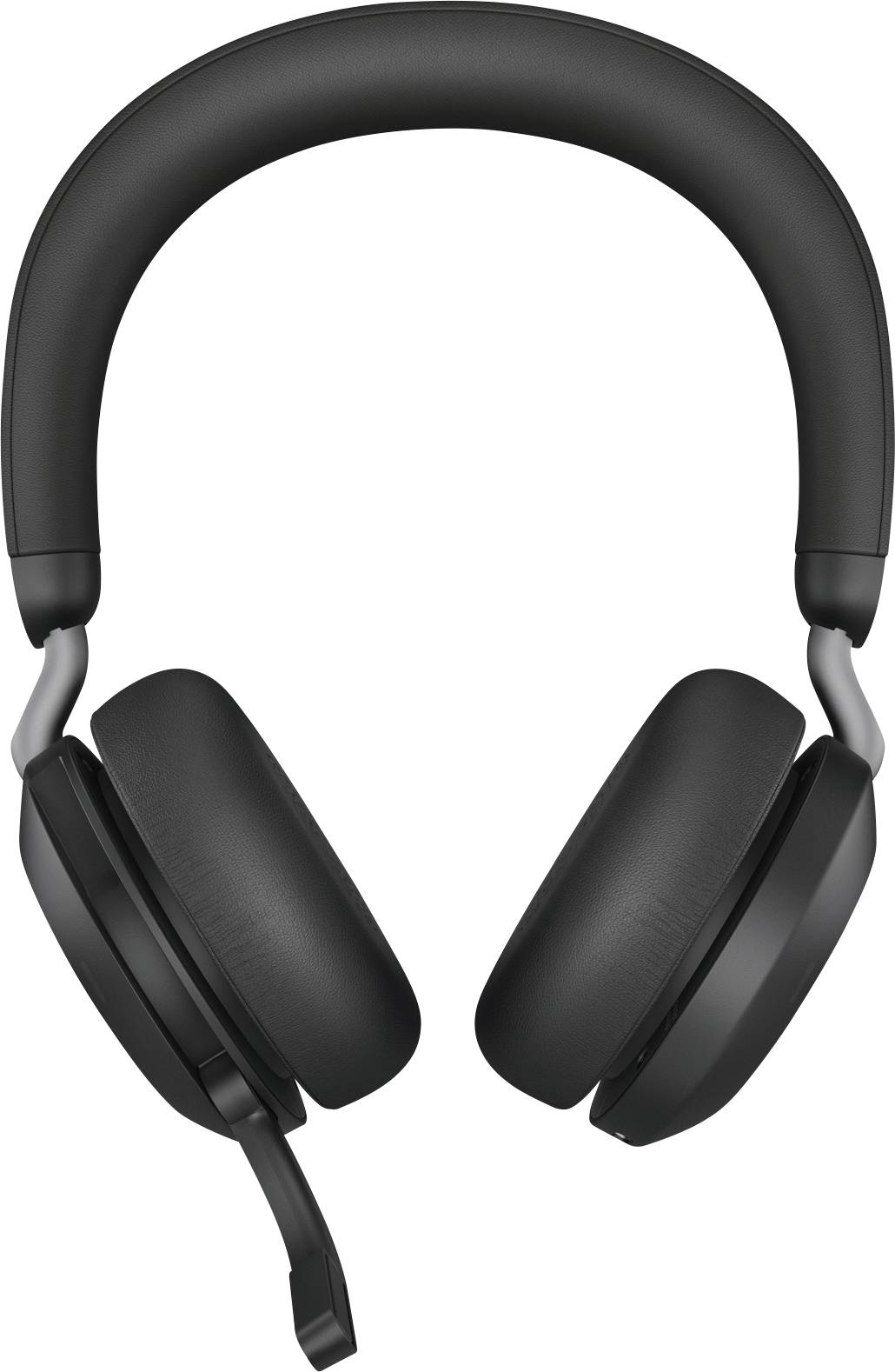 Schwarze Over-Ear-Kopfhörer mit dicken Polstern und einem Mikrofonarm an einer Seite, aus der Frontansicht gezeigt.