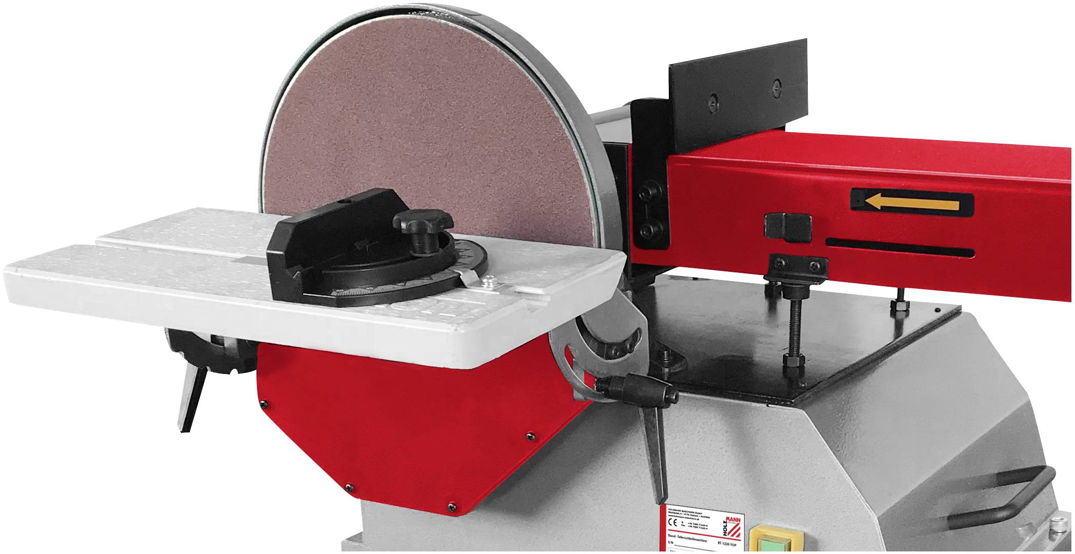 Eine kombinierte Schleifmaschine mit rotem Gehäuse und silbernem Tisch. Geeignet für präzises Schleifen von Holz und Metall.