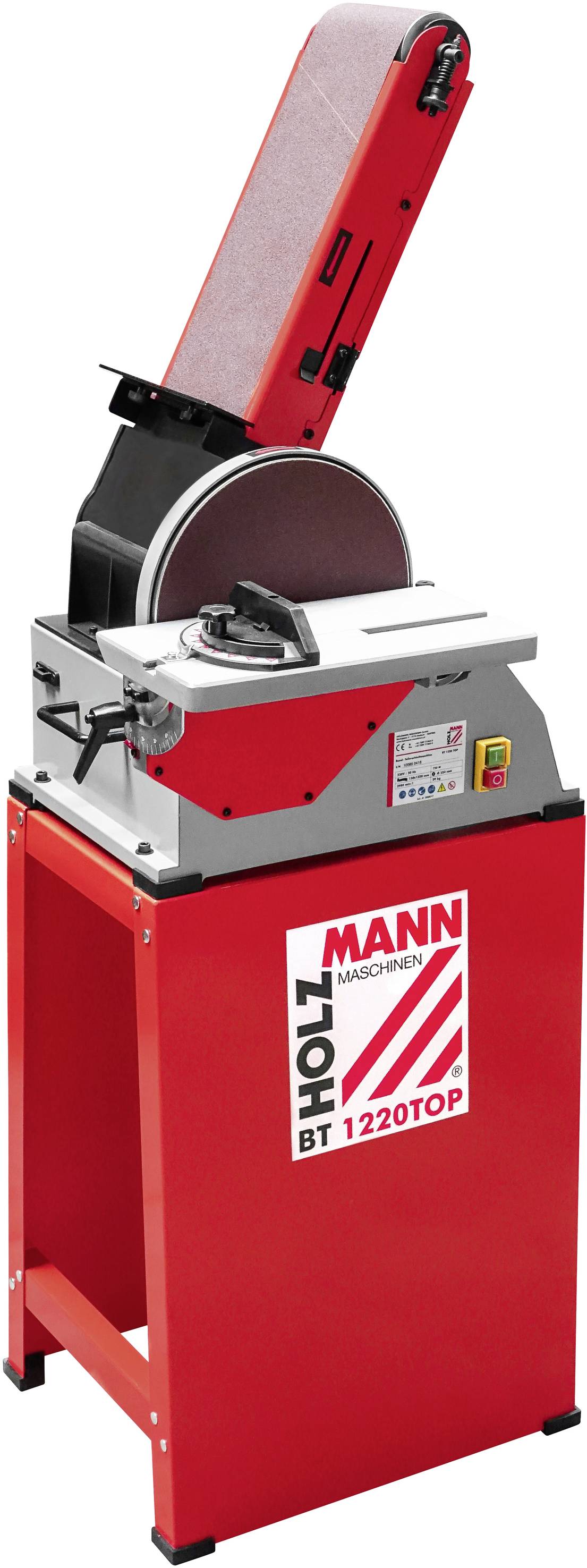 Schleifmaschine auf rotem Gestell mit Schleifband und Schleifscheibe, geeignet für präzise Holzarbeiten in einer Werkstattumgebung.