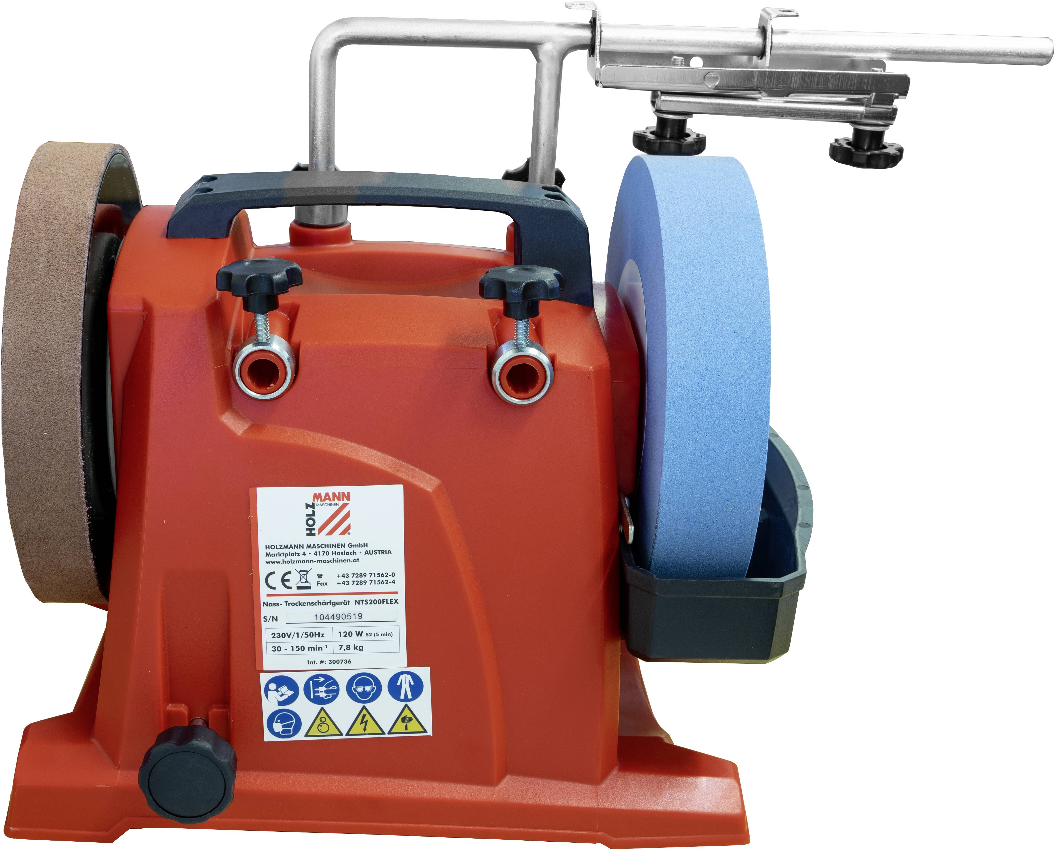 Eine rot-orangene Schleifmaschine mit brauner und blauer Schleifscheibe. An der Vorderseite befinden sich Warn- und CE-Zertifikate.