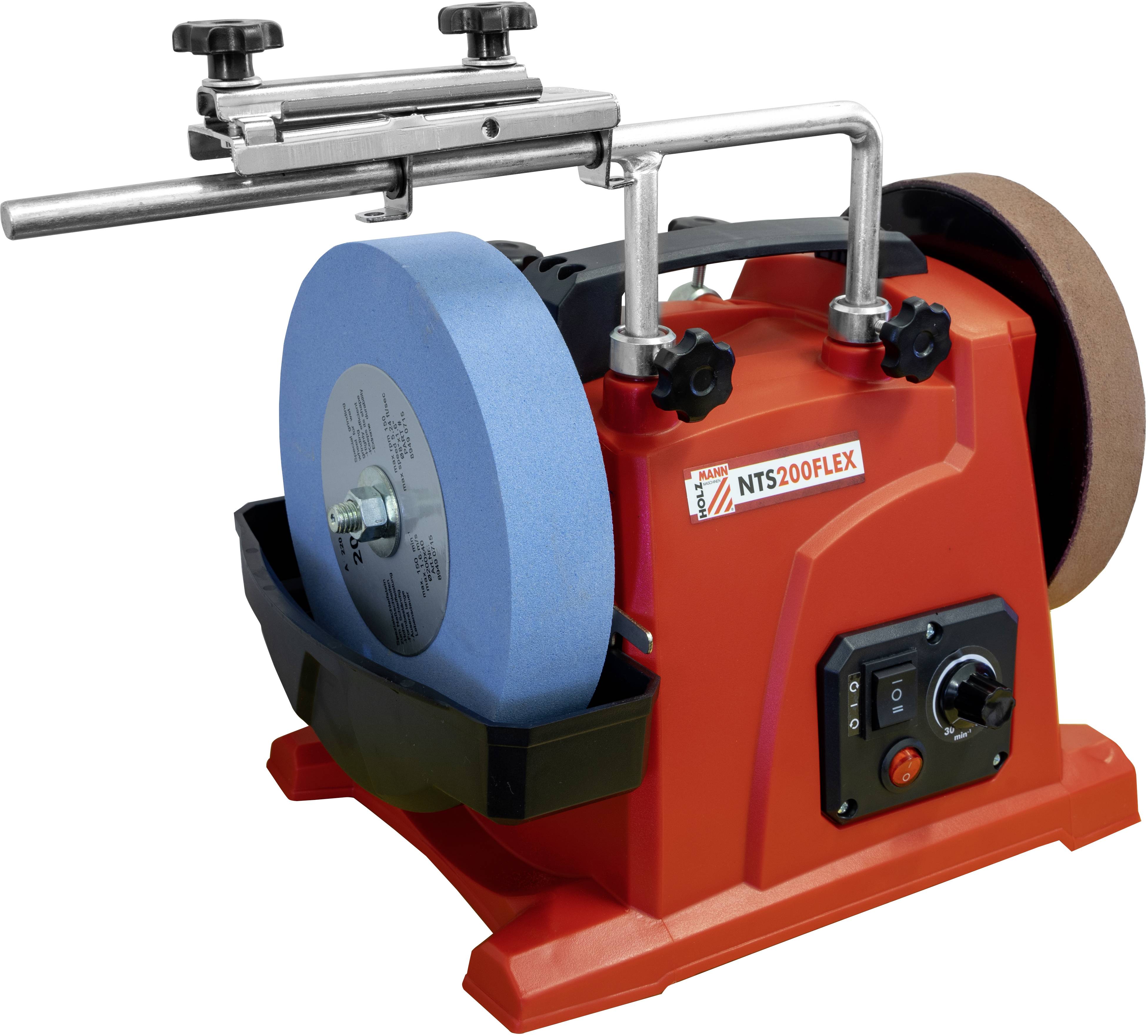 Schleifmaschine mit rotem Gehäuse, blauer und brauner Schleifscheibe, neben Bedienknöpfen und Halterung. Modell: NTS200FLEX.
