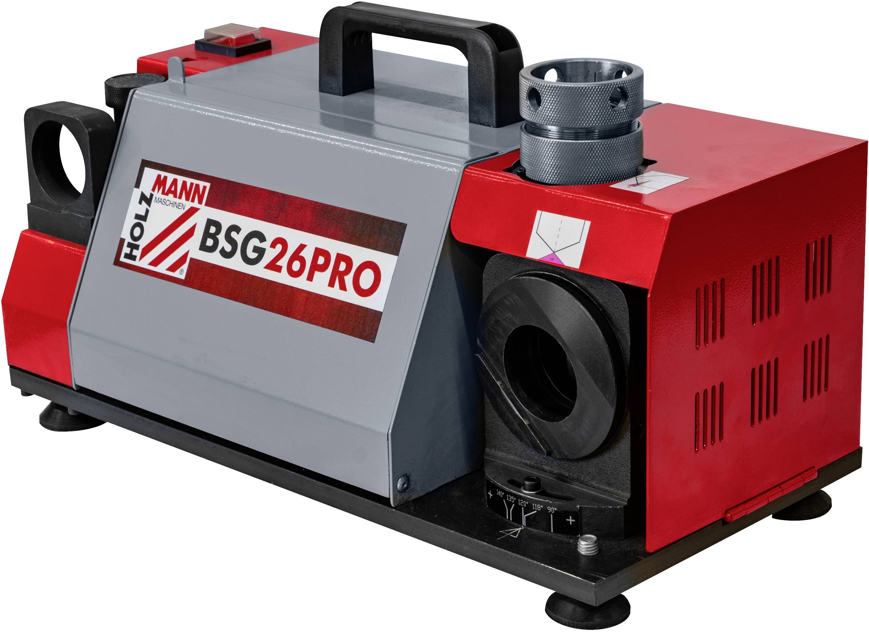 Rote und graue Maschine mit der Aufschrift BSG 26 PRO. Sie hat einen Griff oben und eine Öffnung an der rechten Seite.