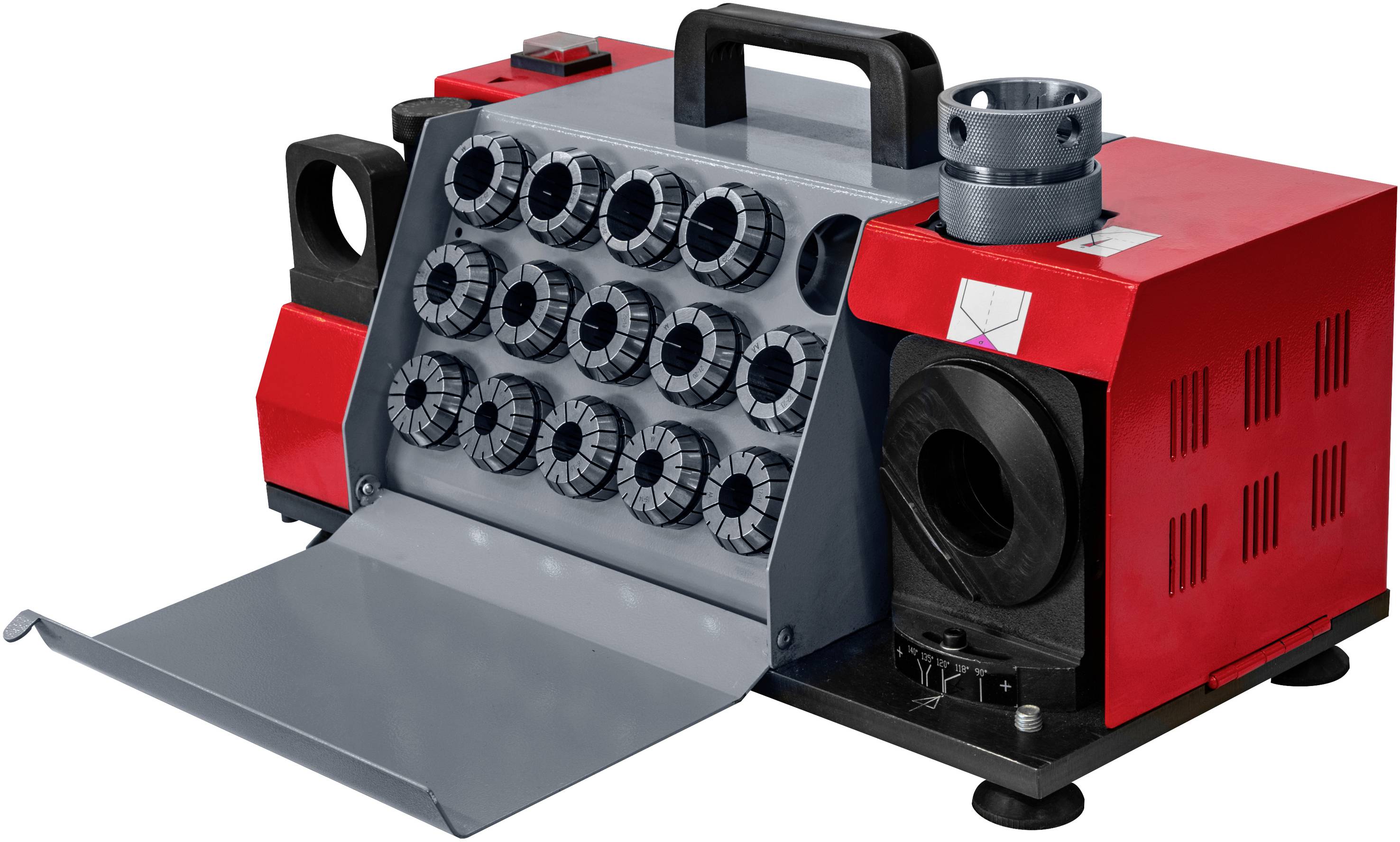 Eine rote, tragbare Bohrerschärfmaschine mit mehreren Aufsätzen und einem Griff. Geeignet für präzises Schärfen von Bohrwerkzeugen.