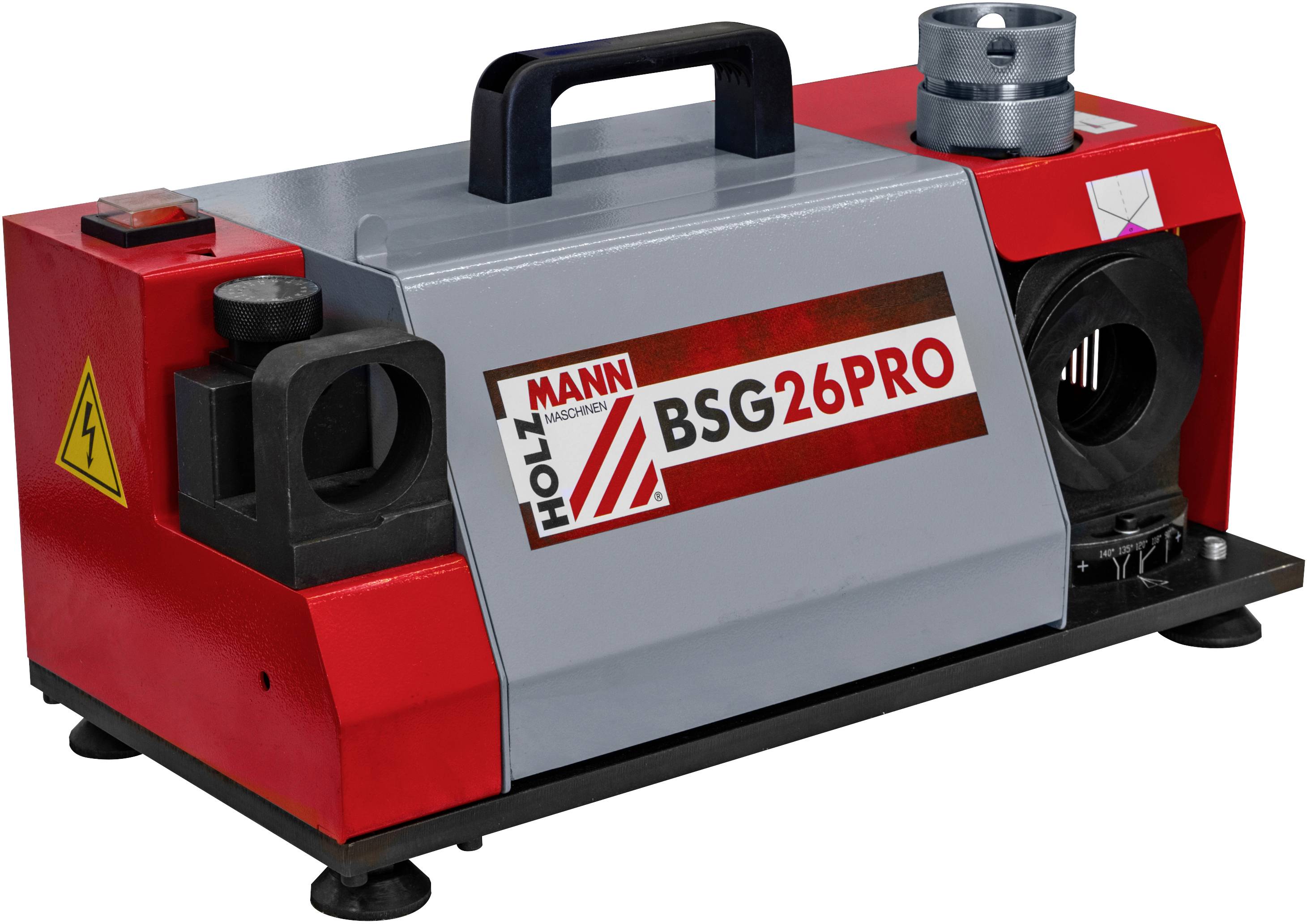 Maschinenschärfer 'BSG 26 PRO' von Holzmann, rechteckige Form, rote und graue Farben, Tragegriff oben, Stromanschluss links.