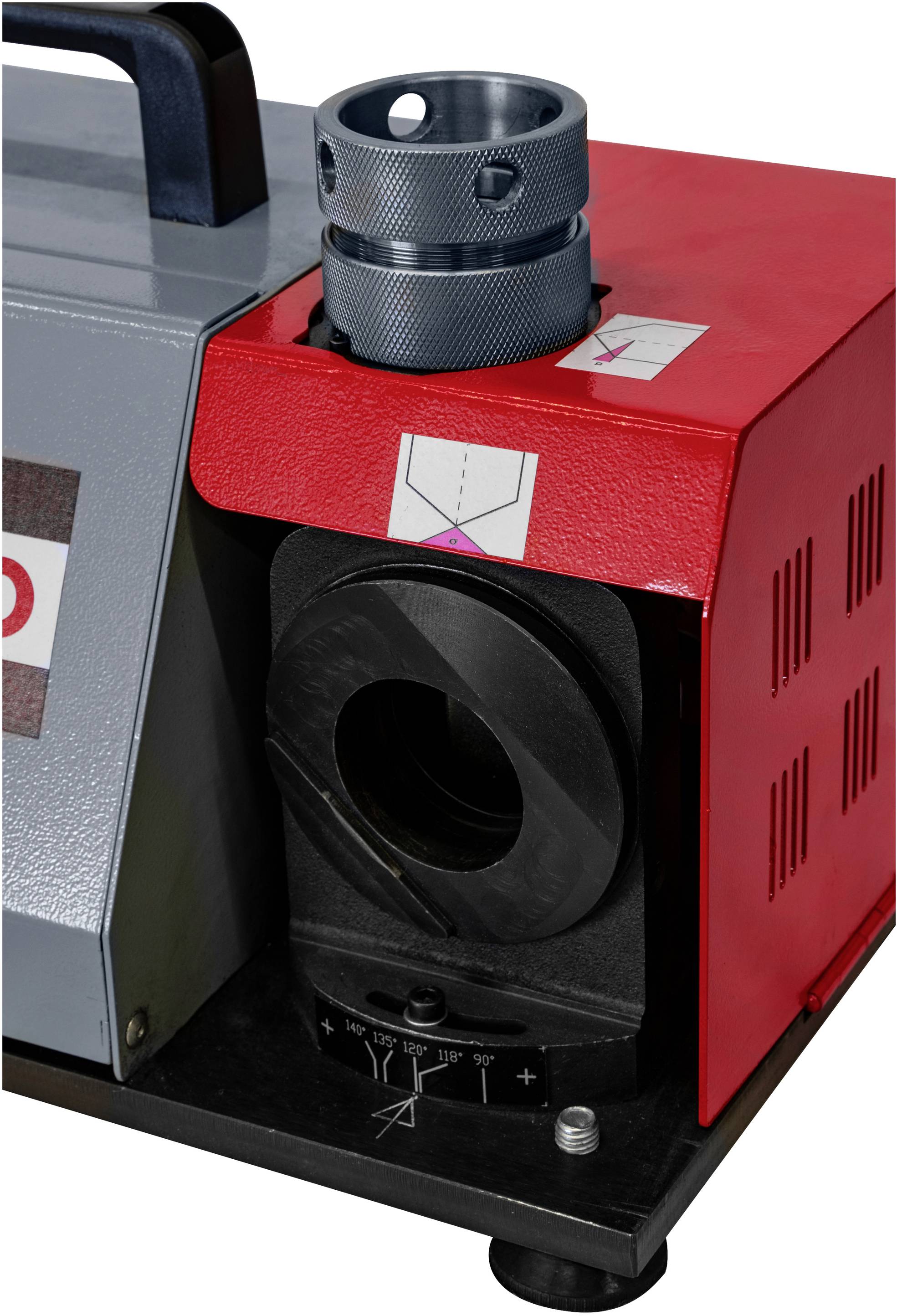 Maschine mit rotem und grauem Gehäuse, schwarzem Stellrad und silbernem Zylinder. Markierungen für die kalibrierte Einstellung.