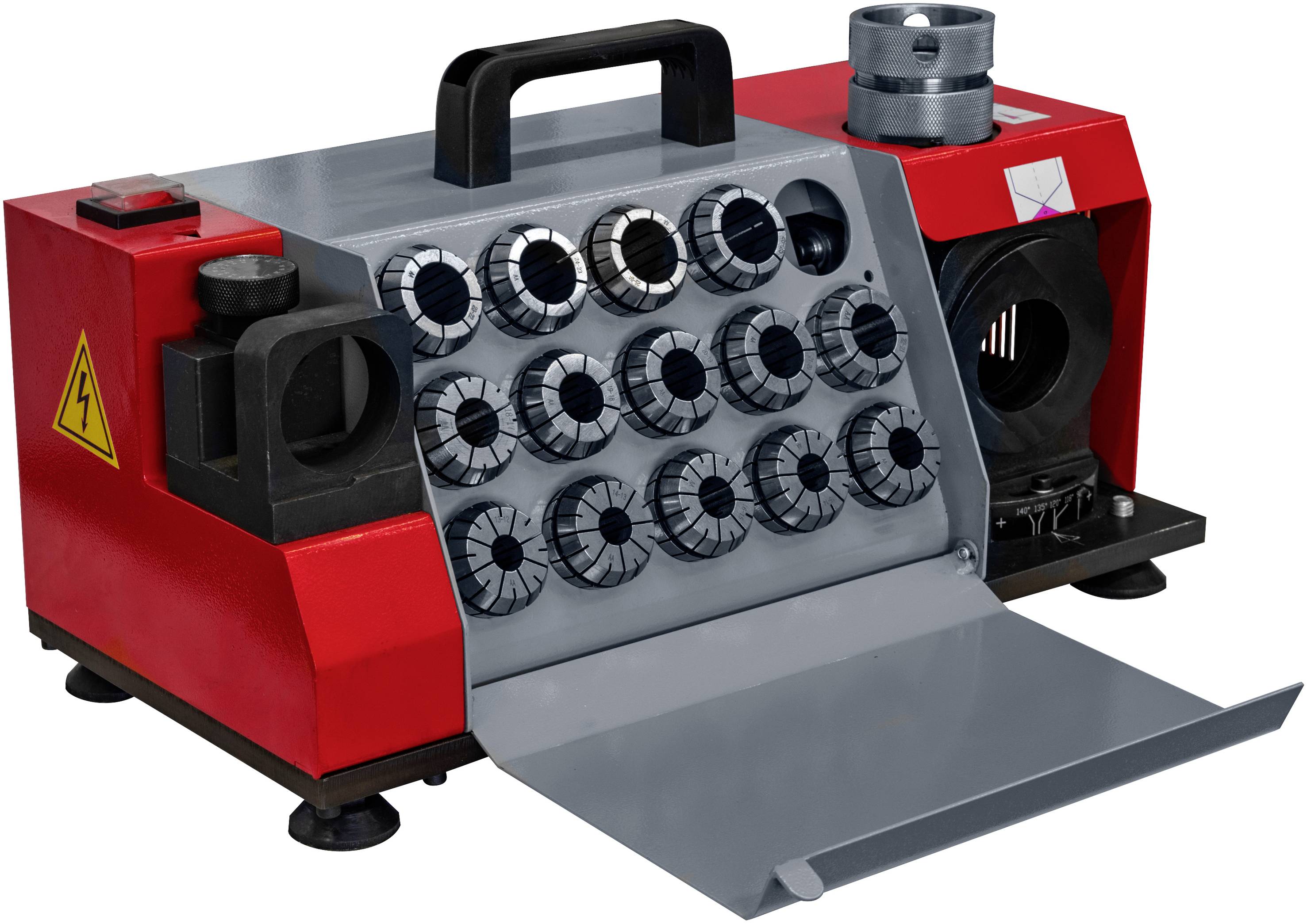 Rote und graue Elektromaschine mit mehreren Bohrern und einem Griff. Auf einer Seite befindet sich ein Warnsymbol für elektrische Spannung.