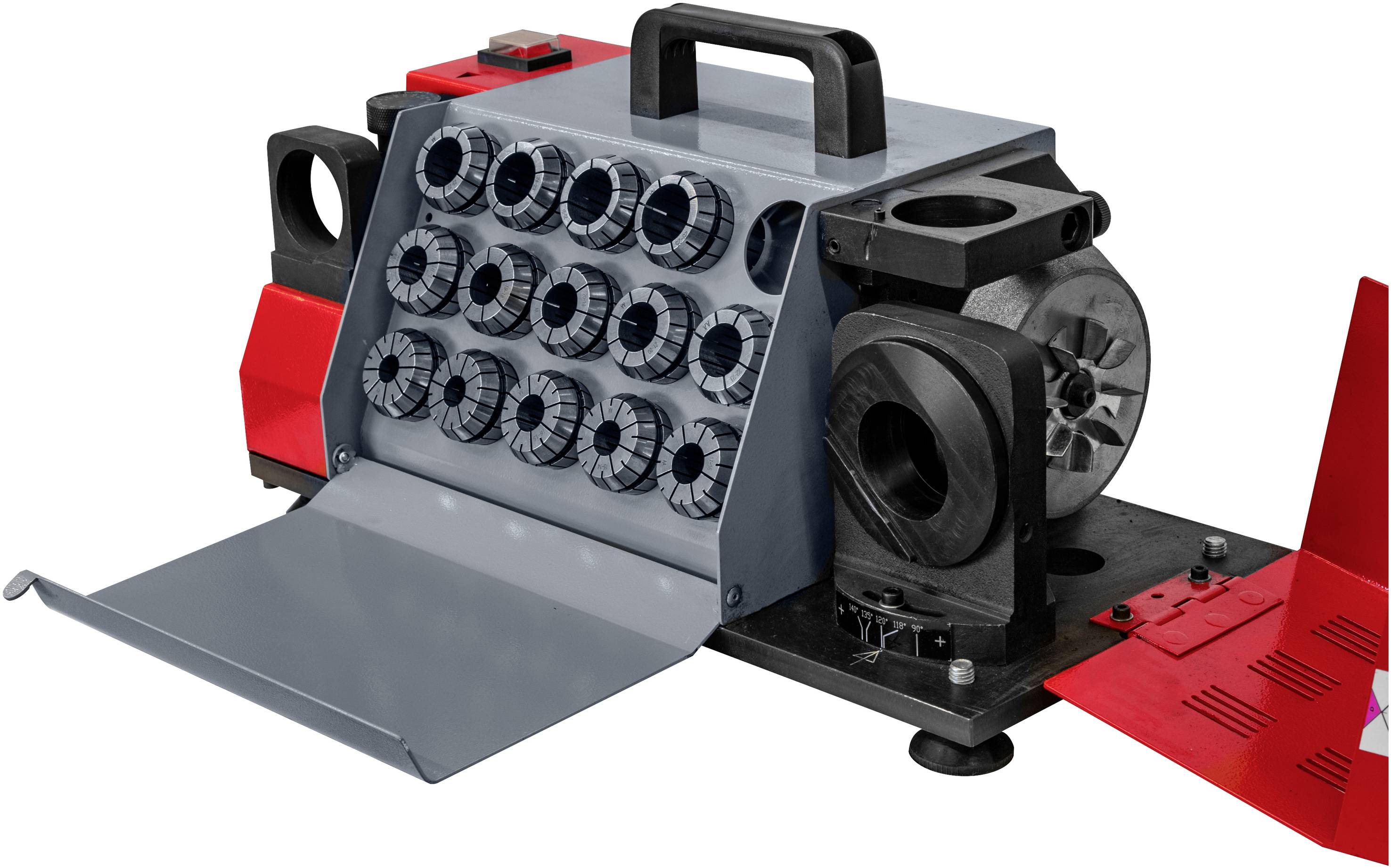 Metallmaschine mit einem Tischgehäuse, mehreren runden Aufsätzen und einem Griff. Sie ist hauptsächlich in Grau und Rot gehalten.