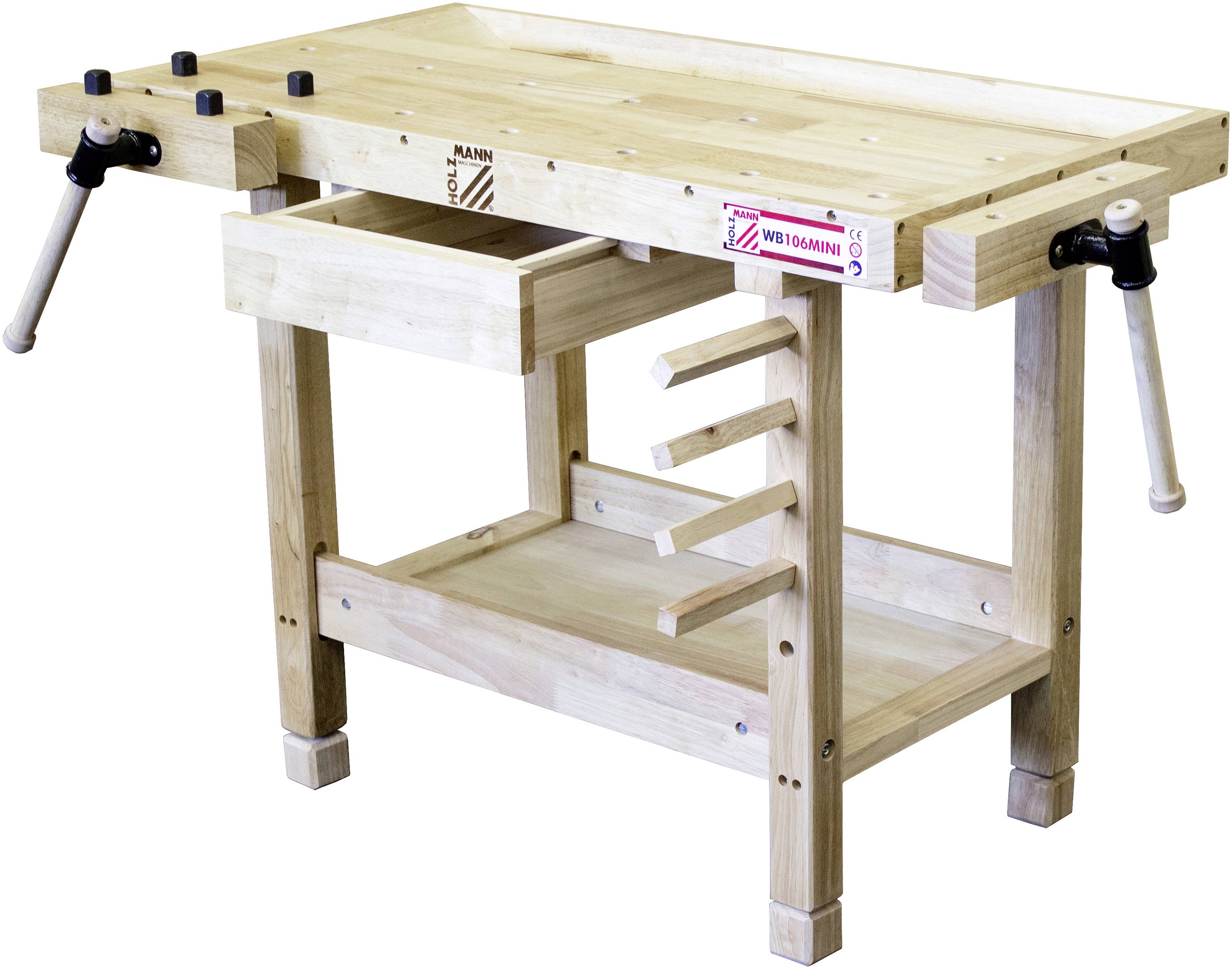 Eine Holz-Werkbank mit Schraubzwingen an beiden Seiten, einem eingebauten Schubladenfach und mehreren Ablageflächen darunter.