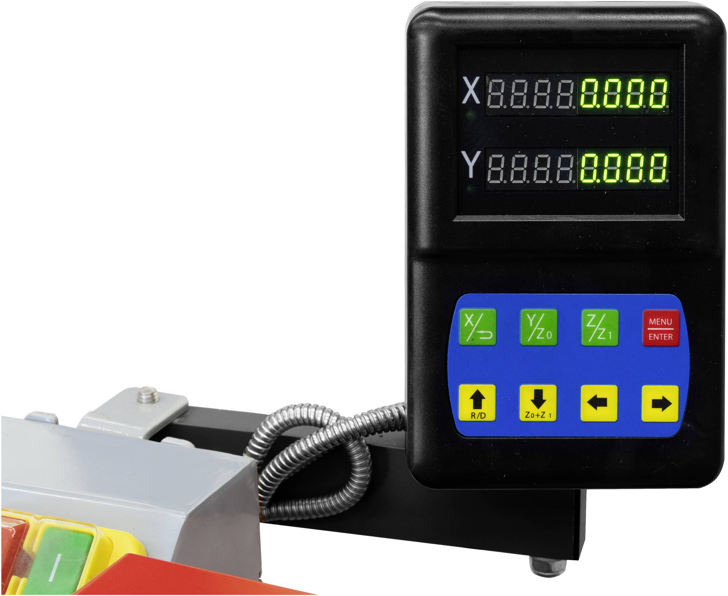 Digitalanzeige mit X- und Y-Koordinaten auf einem Monitor neben farbigen Tasten. Zeigt 'X: 0.000' und 'Y: 0.000'.