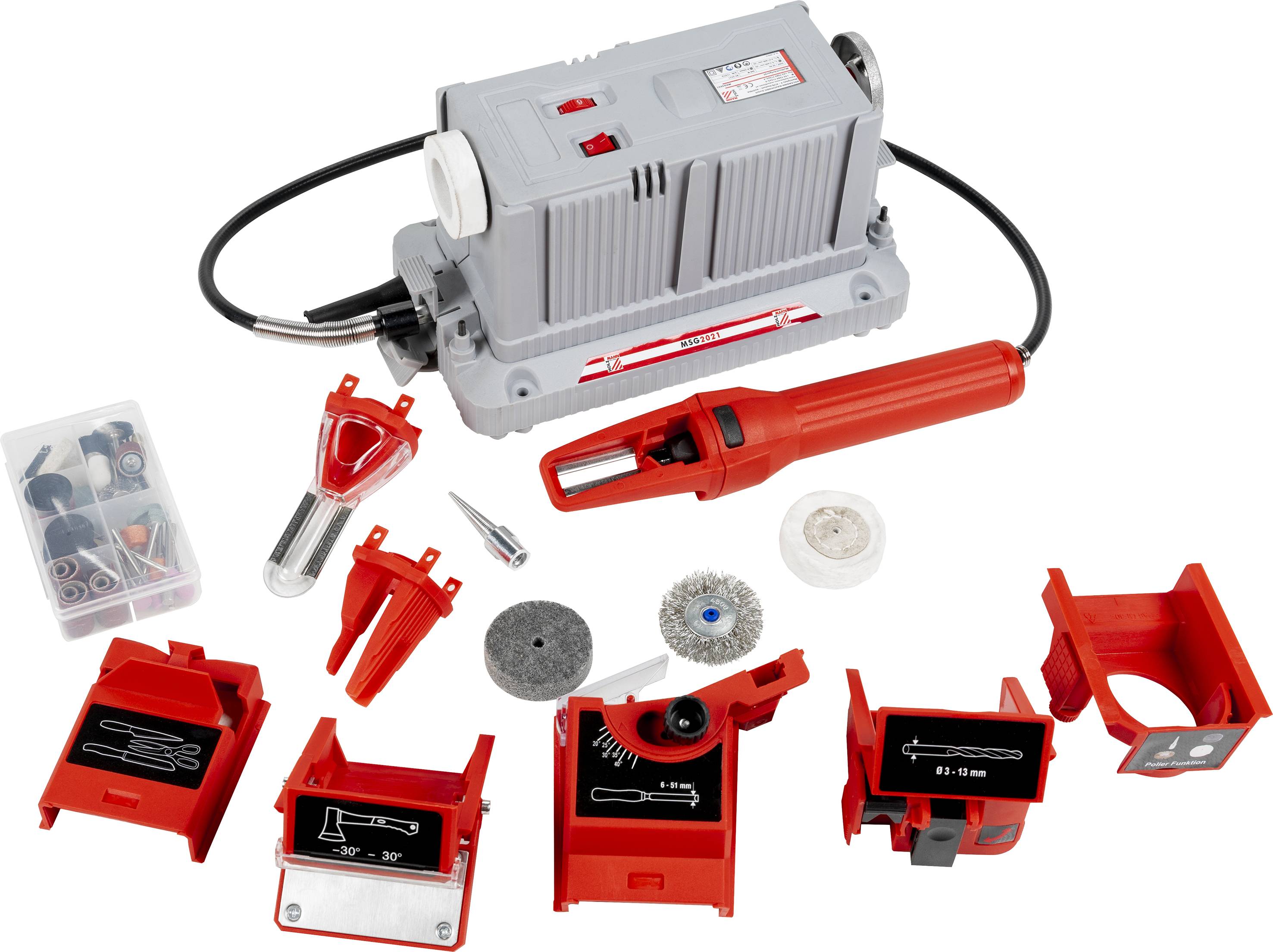 Ein Schleif- und Polierwerkzeug-Set mit mehreren Aufsätzen, Schleifscheiben und Zubehörteilen. Geeignet für Heimwerkerprojekte.