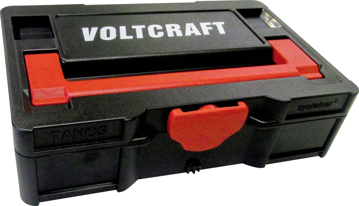 Eine schwarze Voltcraft-Werkzeugbox mit rotem Griff und Verschluss, mit der Marke „Voltcraft