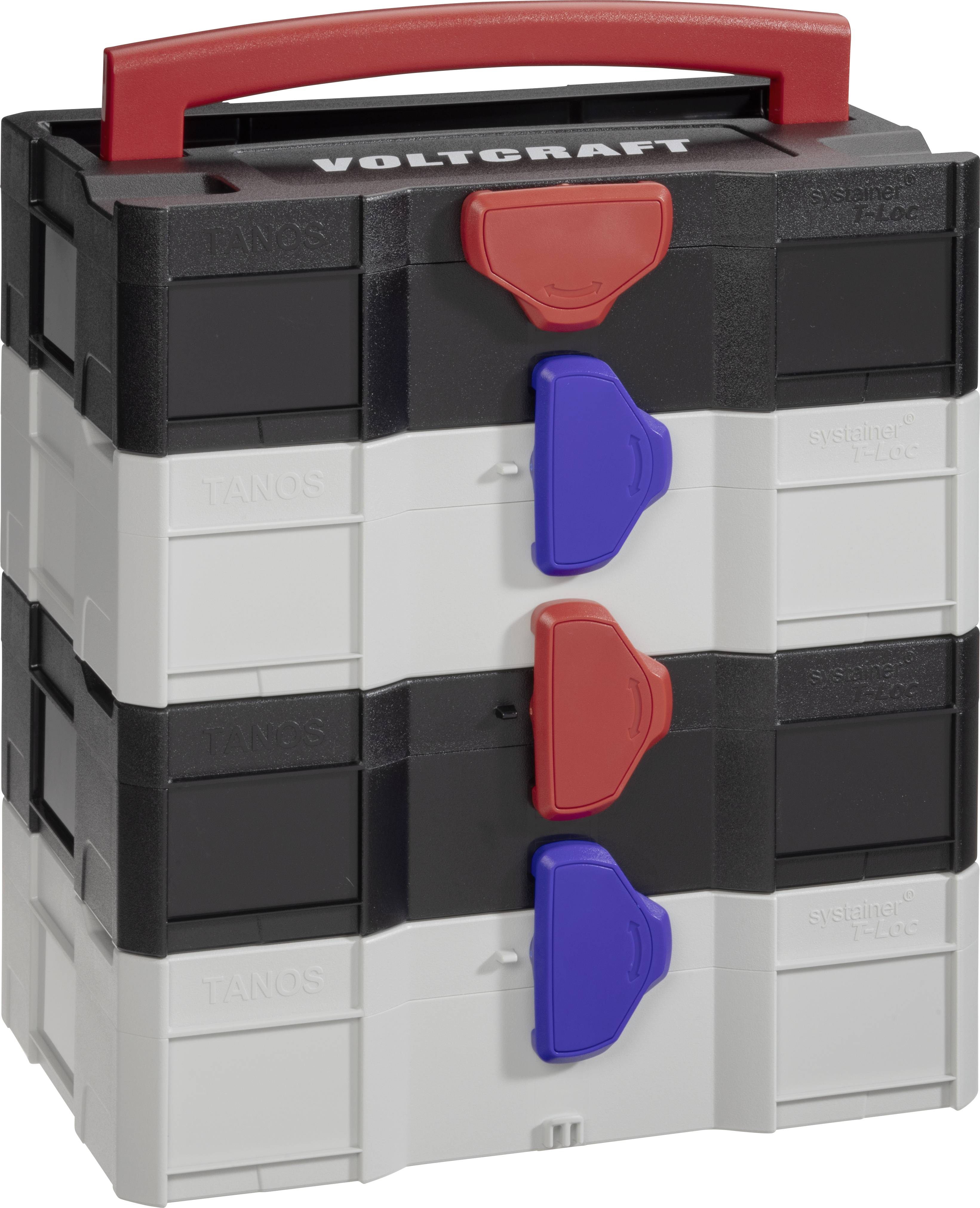Dreistöckiger Werkzeugkasten von Voltcraft mit roten und blauen Verschlüssen, stapelbar und tragbar mit rotem Griff.
