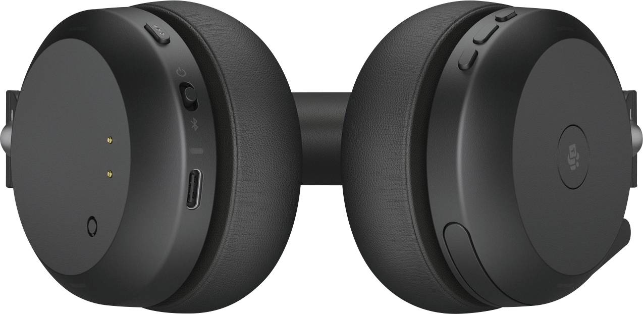 Schwarze Over-Ear-Kopfhörer mit gepolsterten Ohrmuscheln und sichtbaren Bedienelementen, Mikrofonöffnung und Ladeanschluss.