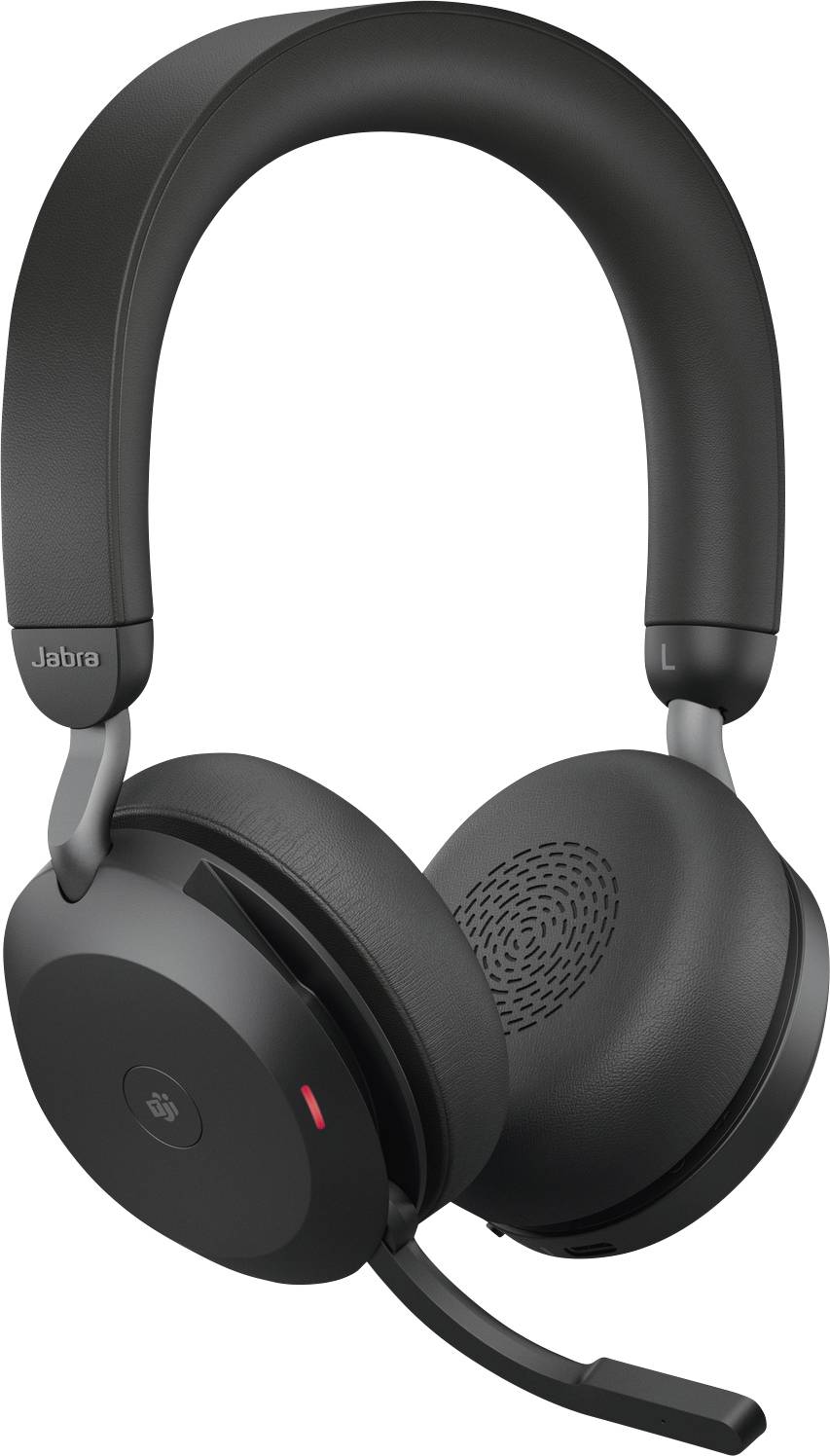 Ein schwarzes, kabelloses Headset mit einem Mikrofonarm, geeignet für Telefonkonferenzen oder Musikübertragung.