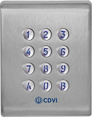 'CDVI'-Ziffernblock auf silberner Metallplatte mit Tasten von 1 bis 9 und den Buchstaben A und B.