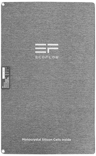 Graues Solarpanel mit dem Logo 'ECOFLOW' und dem Text 'Monocrystal Silicon Cells Inside'. Rechteckige Form, texturierte Oberfläche.