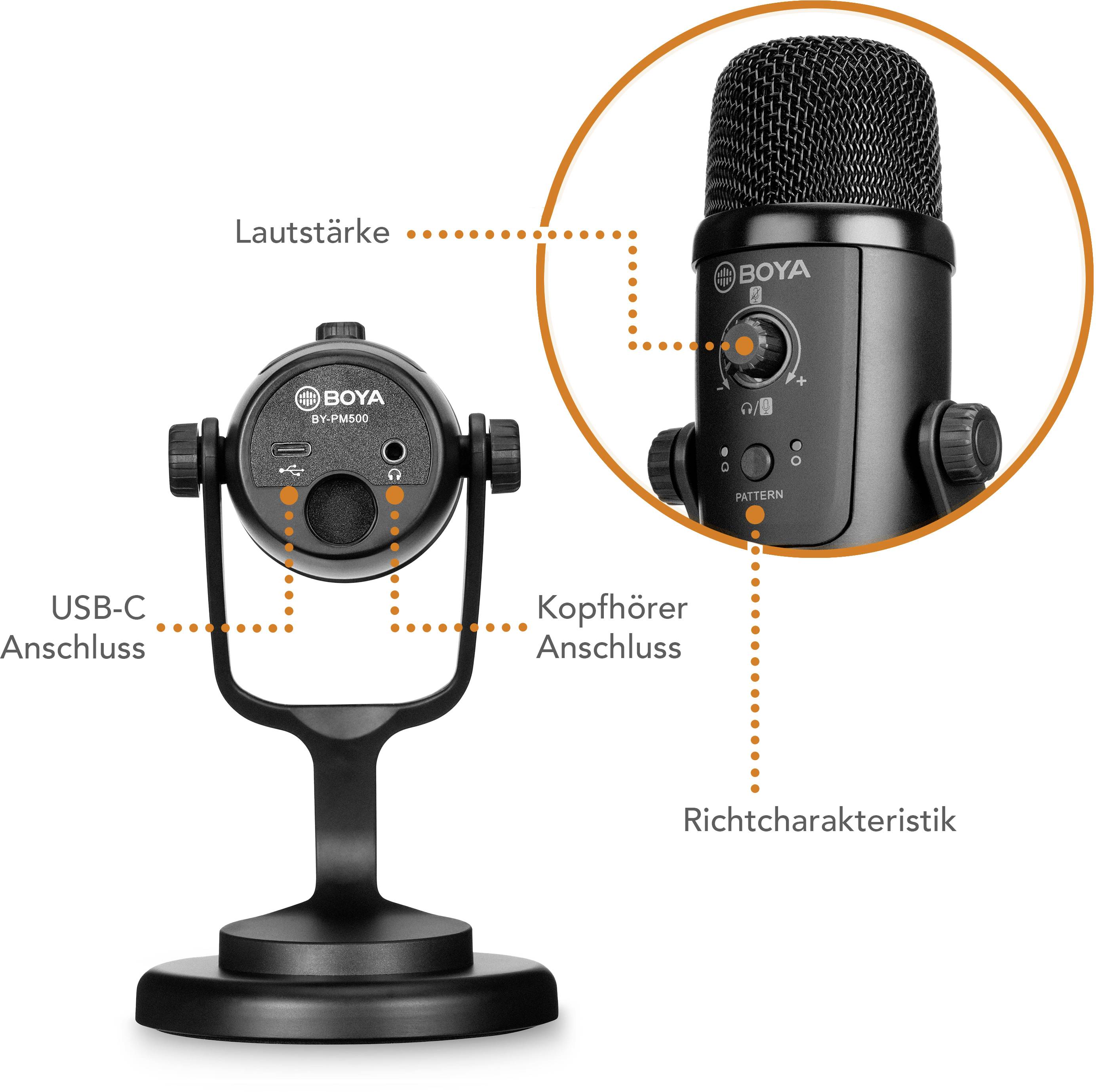 BOYA PM500 Stand USB-Mikrofon Übertragungsart (Details):Kabelgebunden, USB Standfuß, inkl. Kabel USB-C®, USB-A, Audio, 2.0