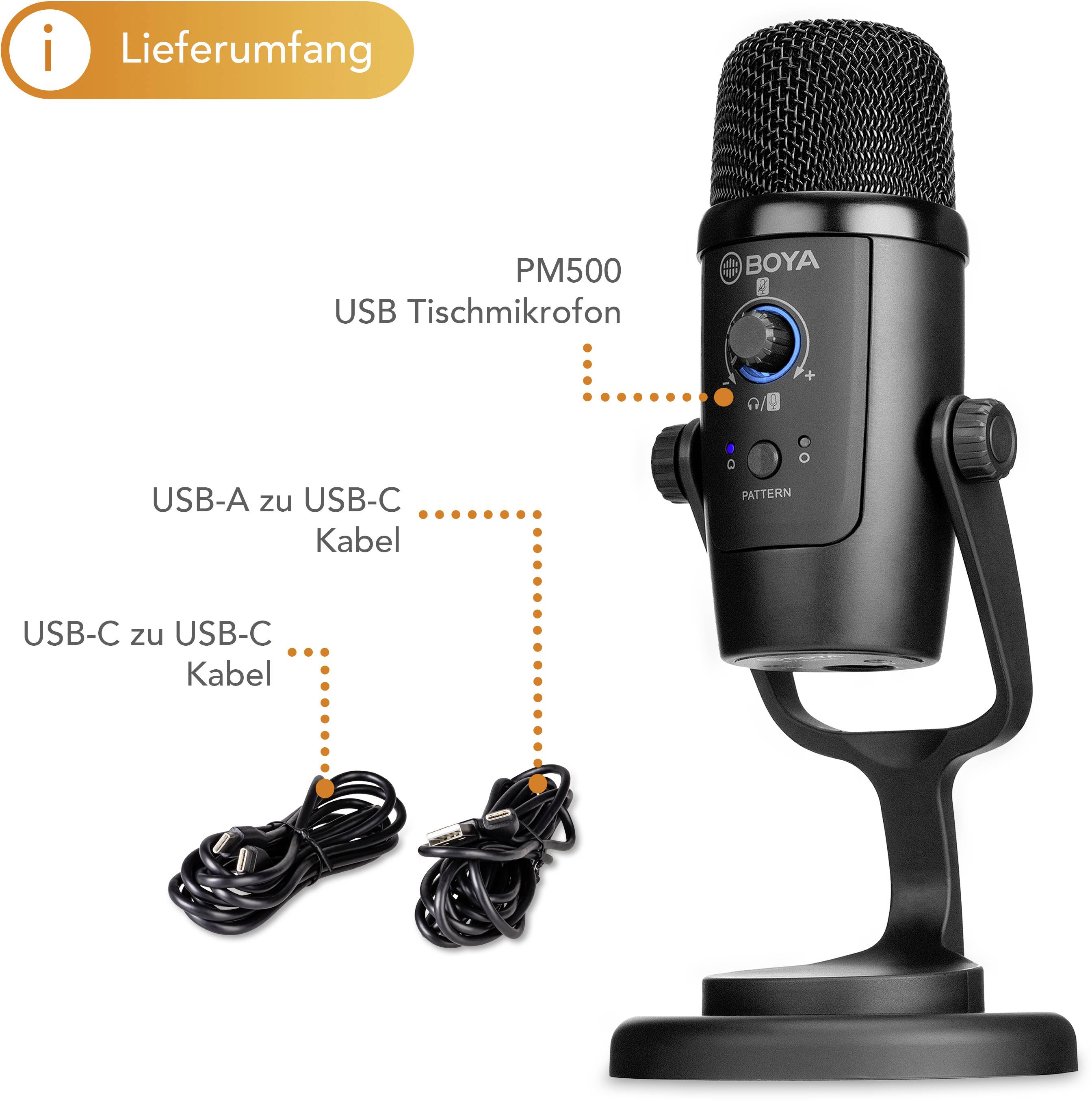 BOYA PM500 Stand USB-Mikrofon Übertragungsart (Details):Kabelgebunden, USB Standfuß, inkl. Kabel USB-C®, USB-A, Audio, 2.0