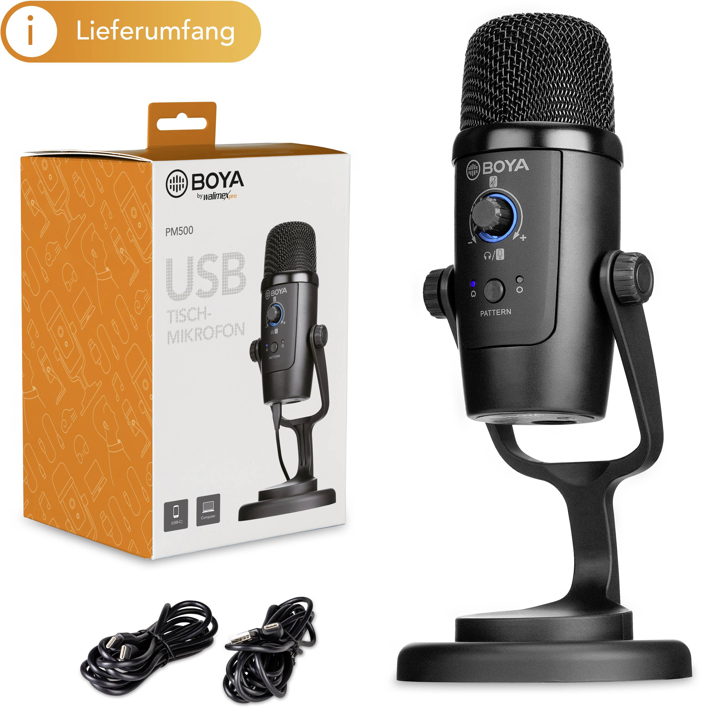 BOYA PM500 Stand USB-Mikrofon Übertragungsart (Details):Kabelgebunden, USB Standfuß, inkl. Kabel USB-C®, USB-A, Audio, 2.0