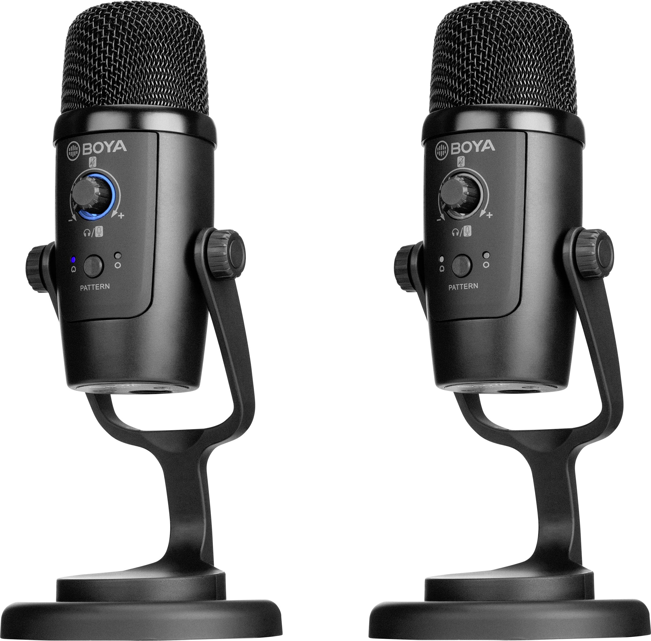 Zwei schwarze Standmikrofone mit Lautstärkeregler und Markenlogo. Ideal für Aufnahmen und Podcasts.